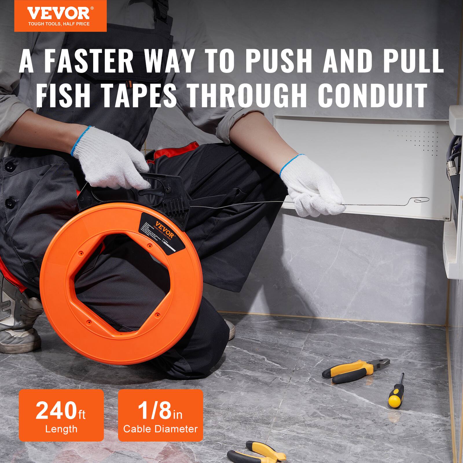 VEVOR TOUGH TOOLS HALF PRICE

A FASTER WAY TO PUSH AND PULL FISH TAPES THROUGH CONDUIT

VEVOR 240ft Length 1/8in Cable Diameter