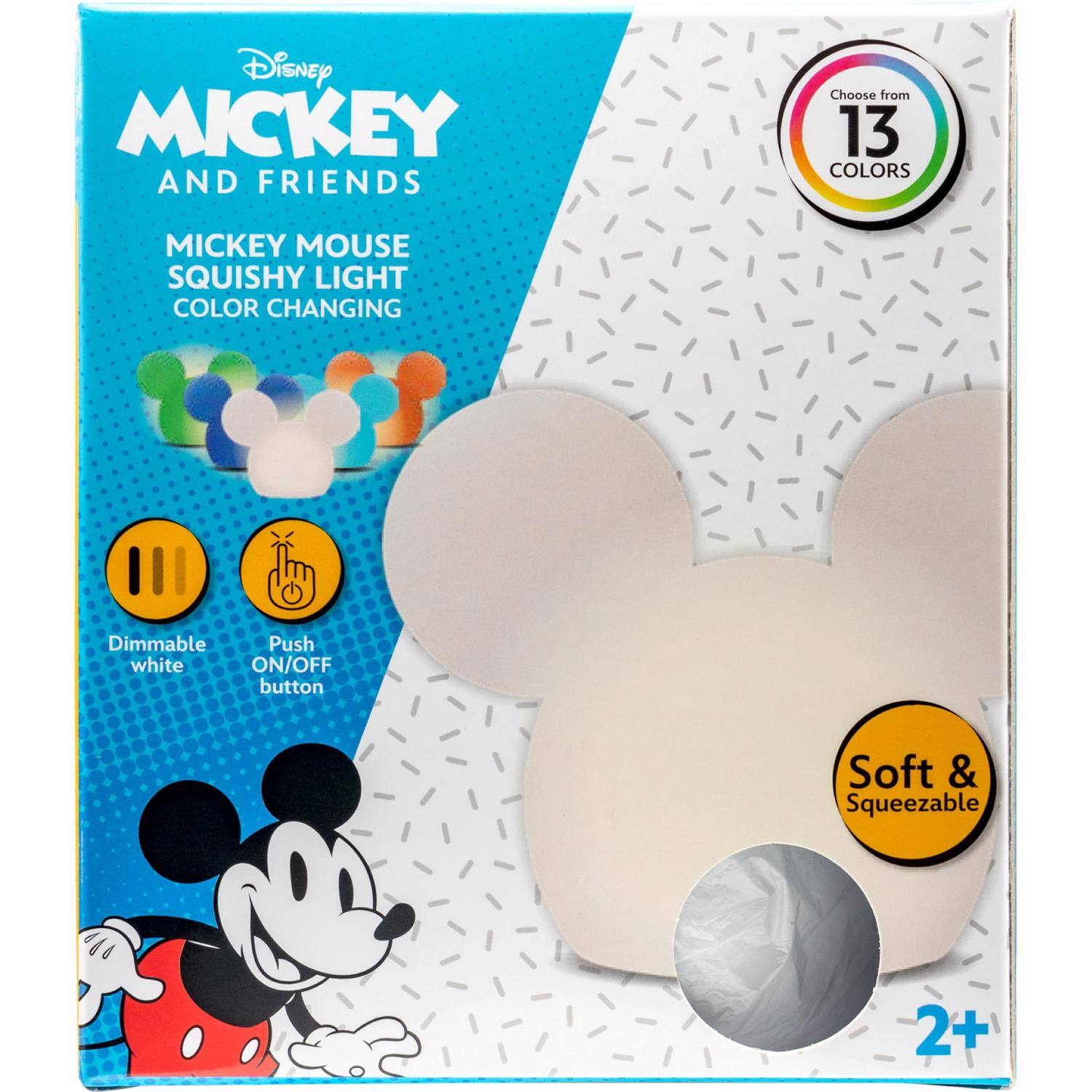 Disney Mickey and Friends  
Mickey Mouse Squishy Light Color Changing  
Choose from 13 Colors  
Dimmable White  
Push ON/OFF Button  
Soft & Squeezable  
2+