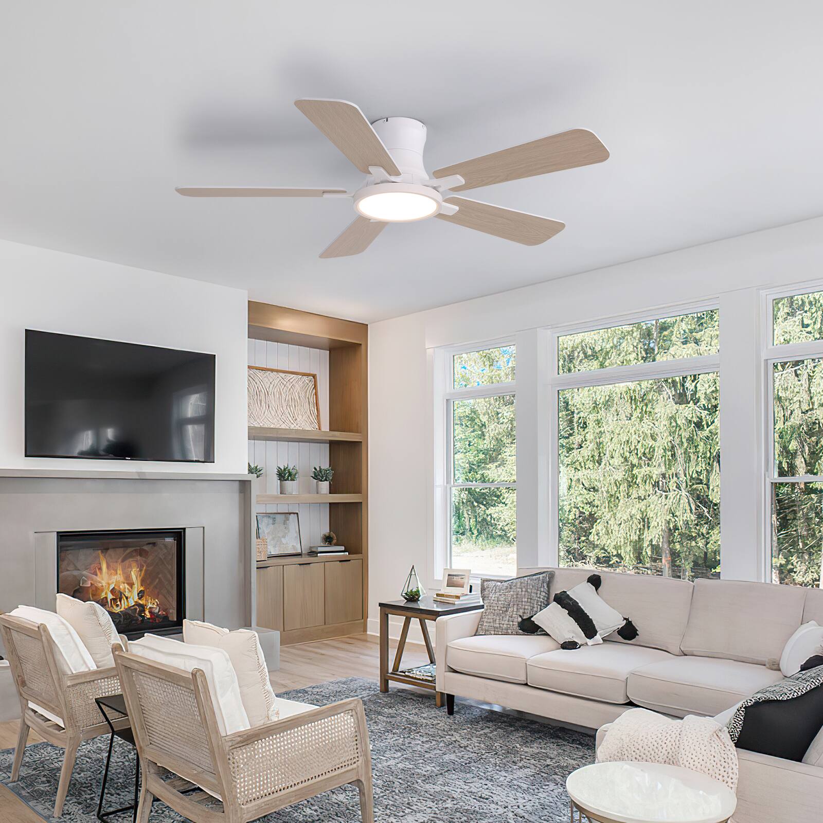 Back. Siljoy - 44 Inch Flush Mount Ceiling Fan with Light White Slim Profile 5 Blades Low Profile Fan Light for Bedroom Living Room - White.