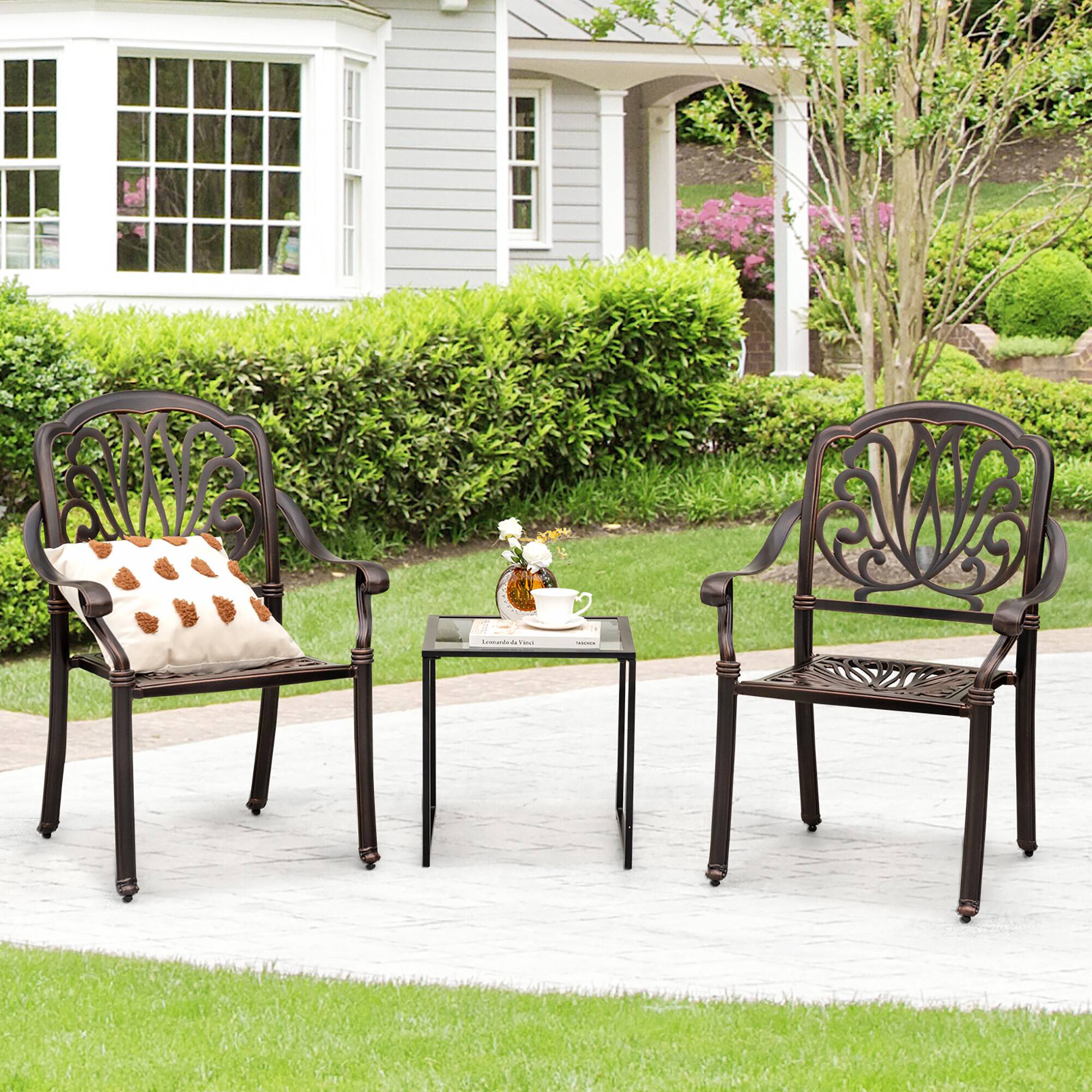 Alt View 1. Gymax - Gymax 2 Pieces Cast Aluminum Chairs Set of 2 Stackable Patio Dining Chairs w/ Armrests - Bronze.