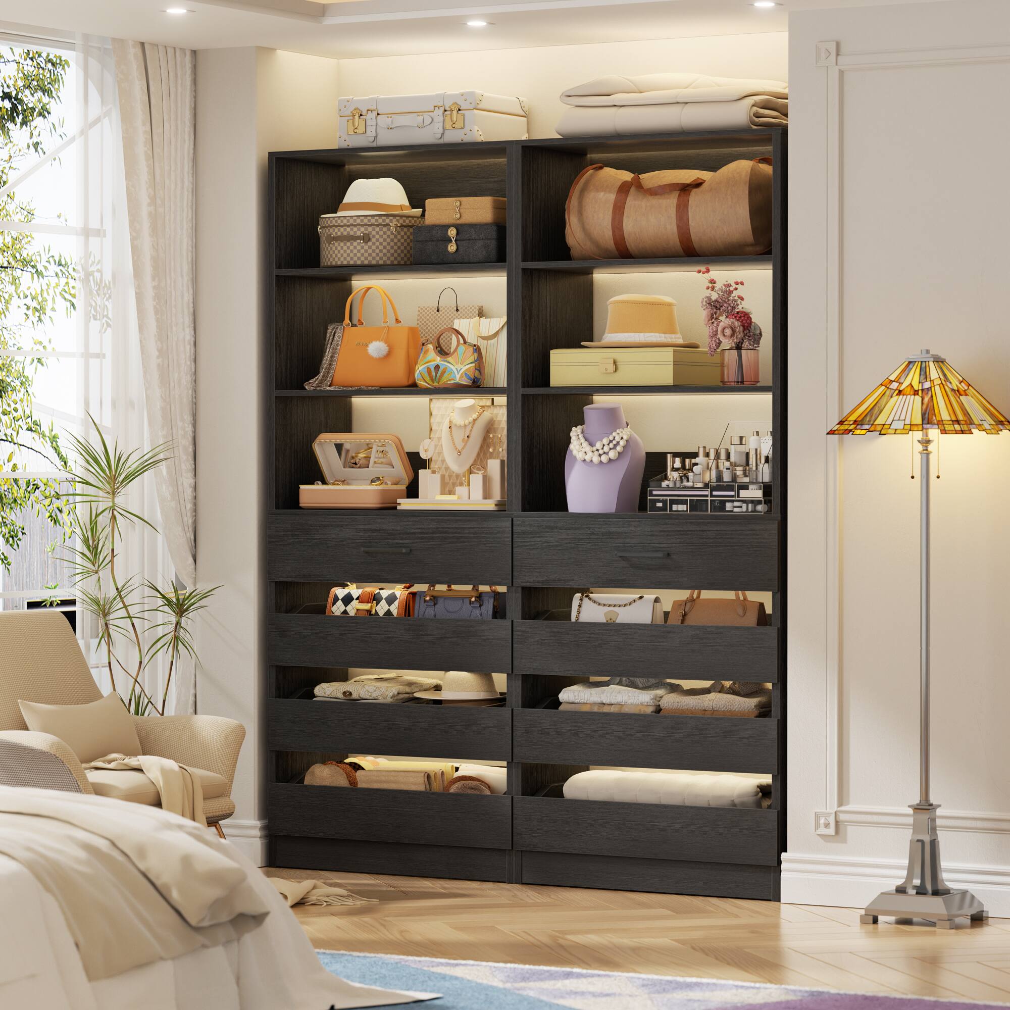 Left. Aheaplus - 2 Pack-Premium Wood Pantry Cabinet: 4 Drawers, 3 Shelves, Wall-Fit Design for Organized Kitchen Storage - Black.