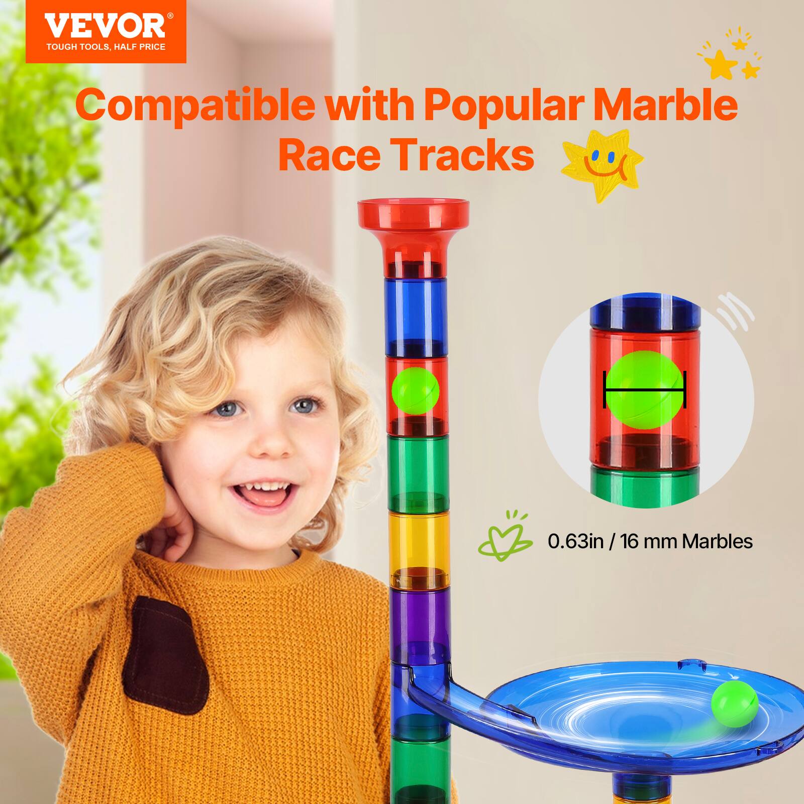 VEVOR  
TOUGH TOOLS, HALF PRICE  

Compatible with Popular Marble Race Tracks  

0.63in / 16 mm Marbles