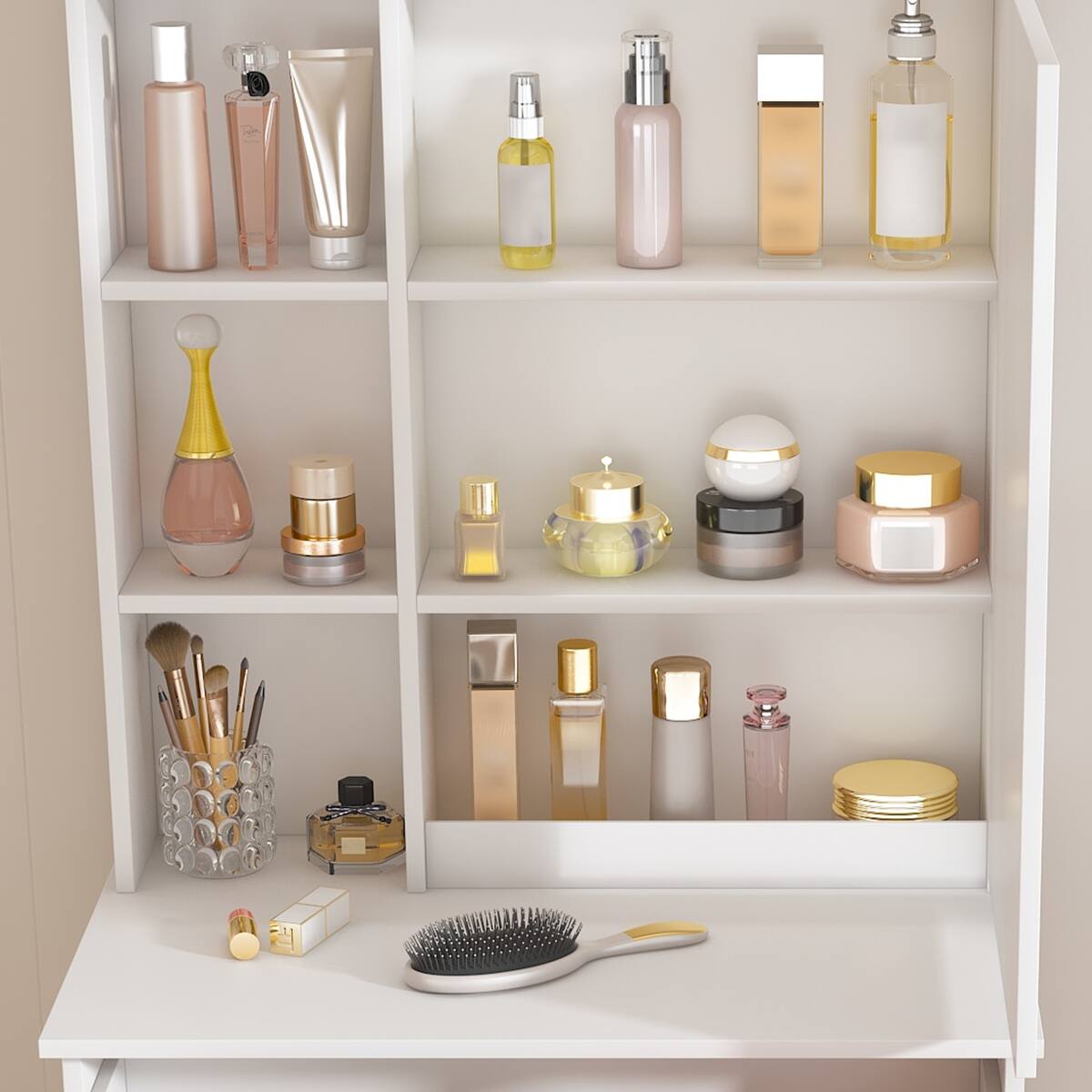 Alt View 3. Loheer - Loheer White Makeup Vanity with LED Mirror and Storage - White.