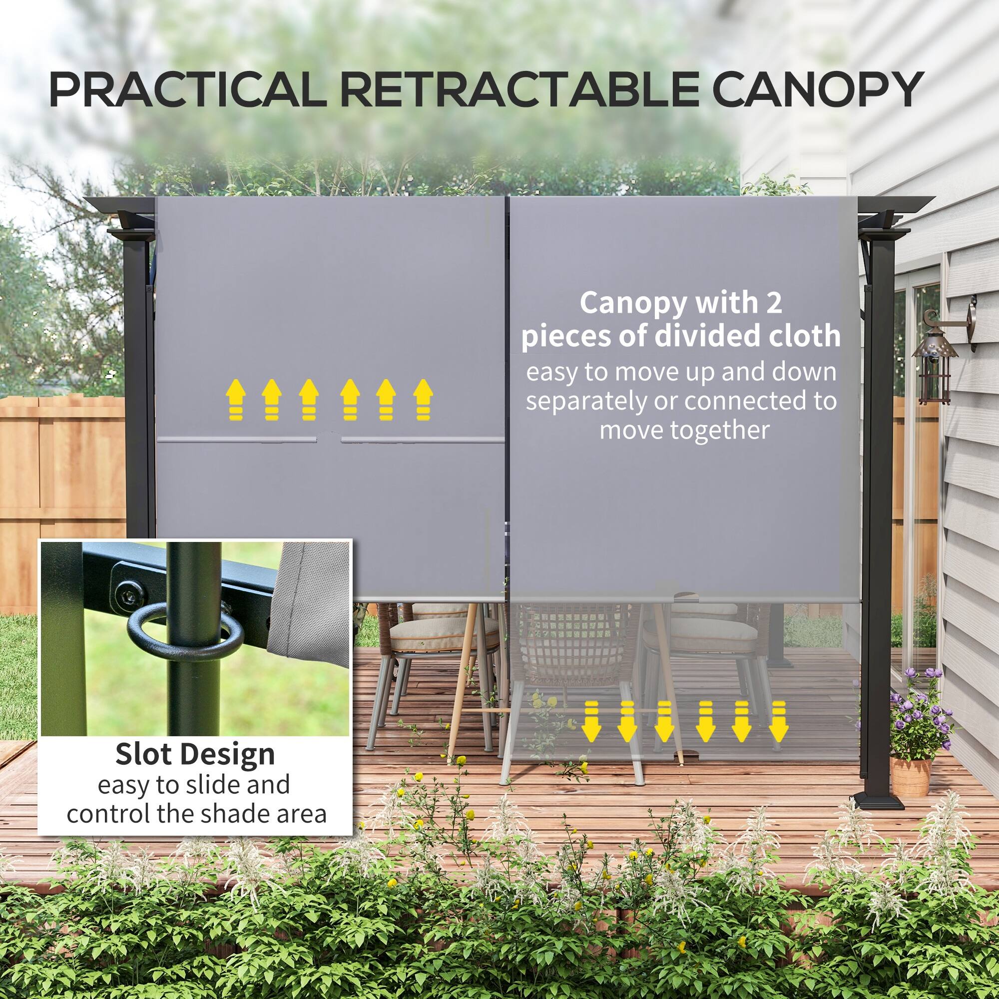 PRACTICAL RETRACTABLE CANOPY

Canopy with 2 pieces of divided cloth easy to move up and down separately or connected to move together

Slot Design easy to slide and control the shade area