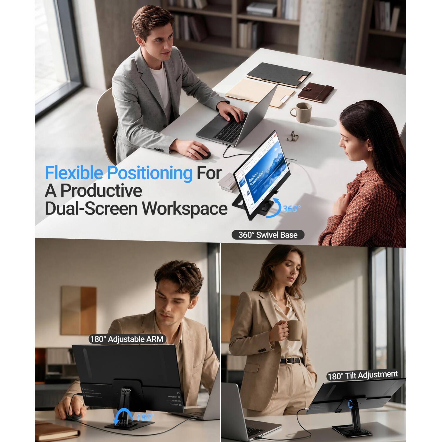 Flexible Positioning For A Productive Dual-Screen Workspace

- 360° Swivel Base
- 180° Adjustable ARM
- 180° Tilt Adjustment