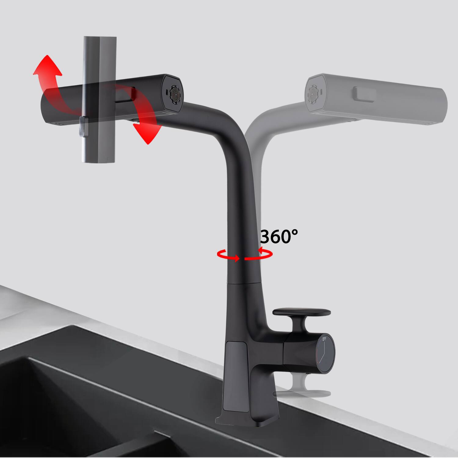 Back. Siljoy - Matte Black Waterfall Kitchen Faucet with Temperature Display Single Handle Pull Down Sprayer Three Water Outlet Modes - Matte Black.