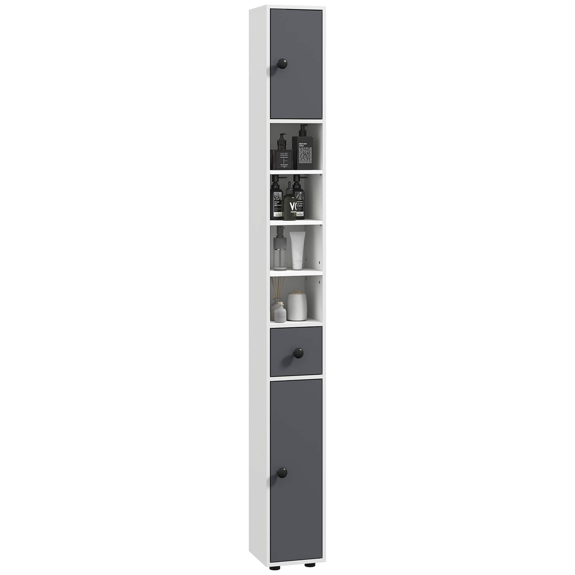 Front. Kleankin - 71" Tall Bathroom Storage Cabinet, Narrow Freestanding with Open Shelves, 2 Doors, Adjustable Shelves - Gray.