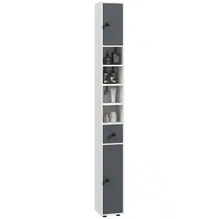 Front. Kleankin - 71" Tall Bathroom Storage Cabinet, Narrow Freestanding with Open Shelves, 2 Doors, Adjustable Shelves - Gray.