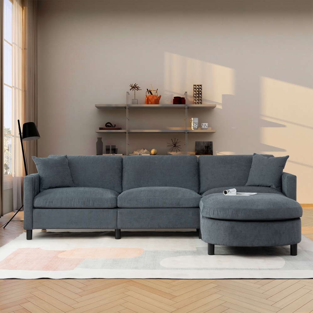 JUJABU - 107.87 in. Gray Sectional Sofa Couch 3 Seater with Ottoman and Cushion - Gray