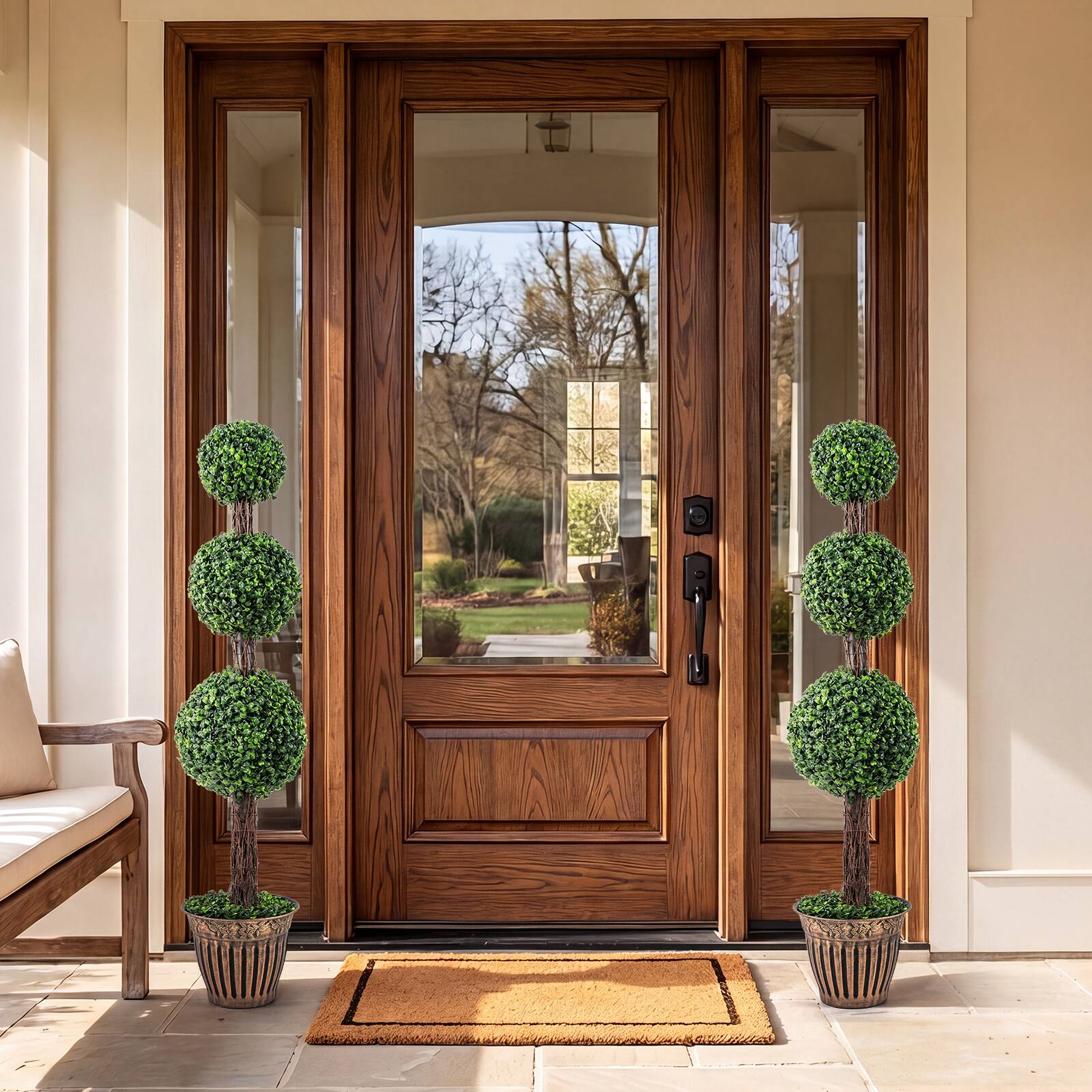 Alt View 4. Costway - Costway 1 PCS Artificial Triple Ball Boxwood Tree,Fake Topiary with Cement-filled Retro Planter - Green.