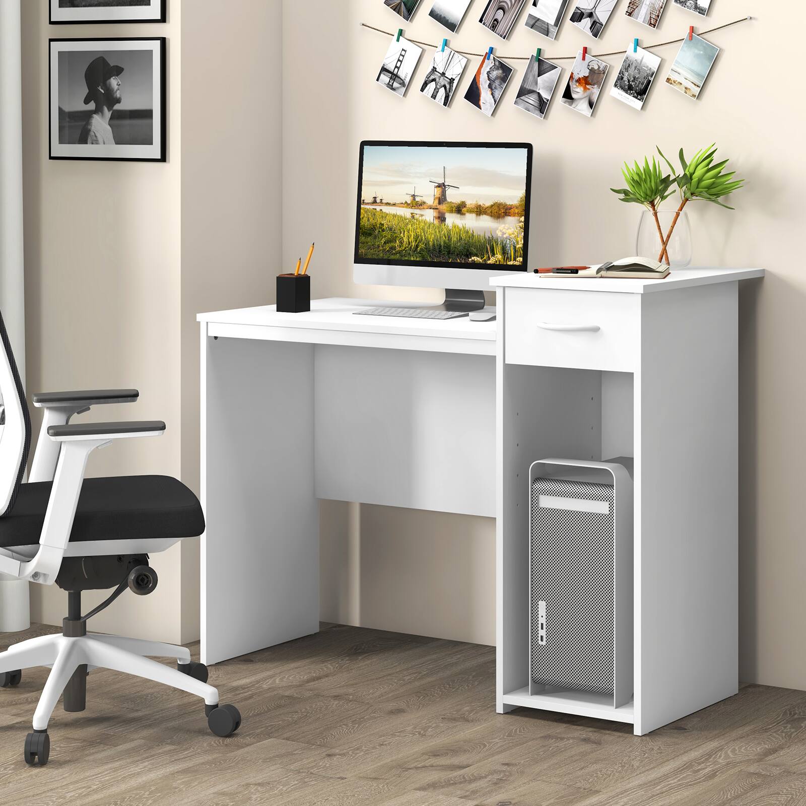 Alt View 1. Ecooso - Computer Desk with Drawer and Adjustable Shelf, Cable Hole Laptop Workstation for Home Office - White.