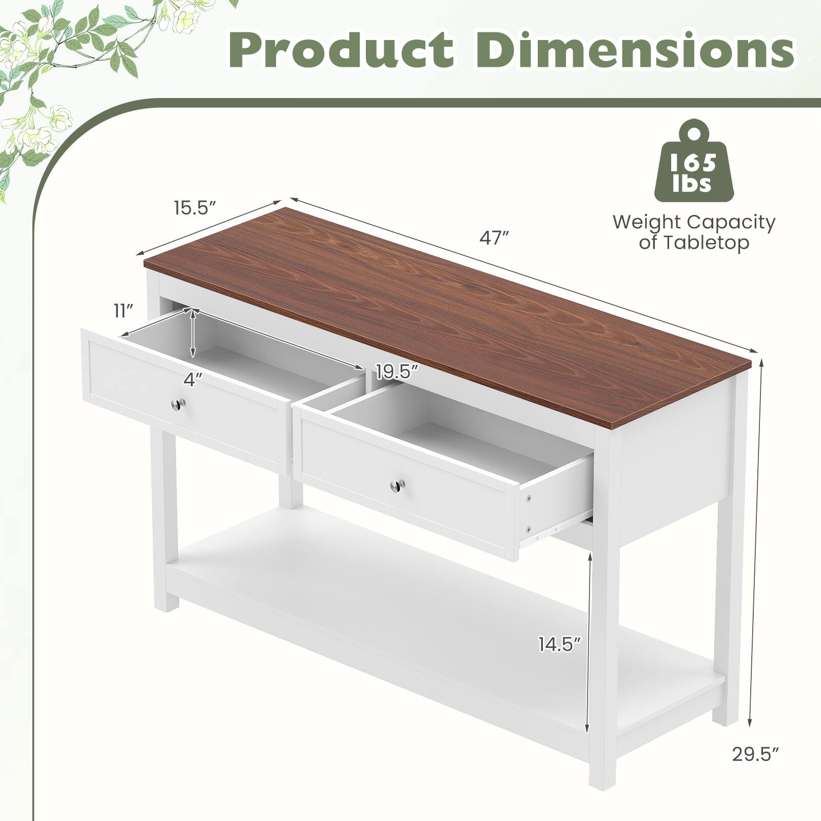 Product Dimensions
15.5" x 47" x 29.5"
Weight Capacity of Tabletop: 165 lbs