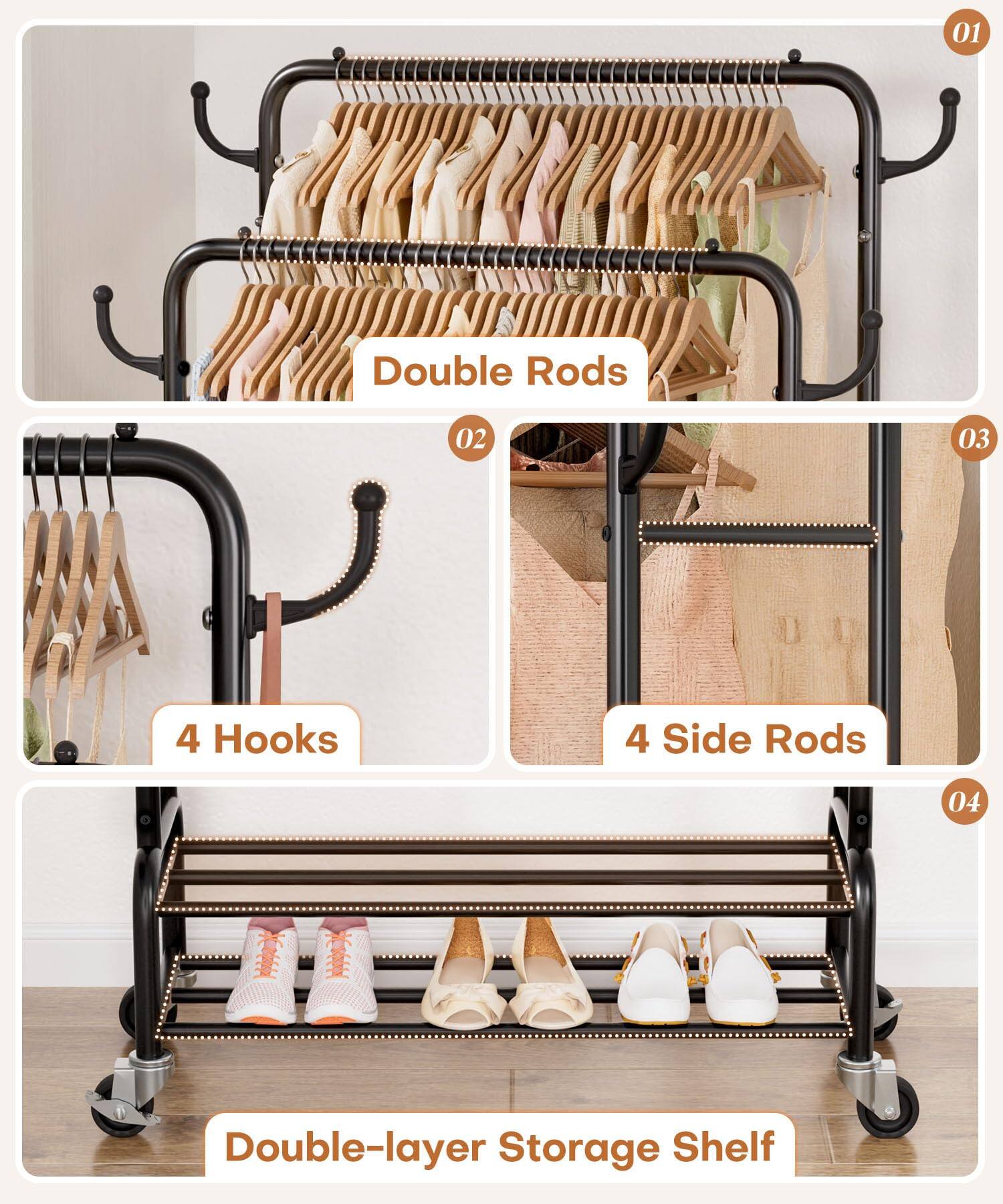 01 Double Rods  
02 4 Hooks  
03 4 Side Rods  
04 Double-layer Storage Shelf
