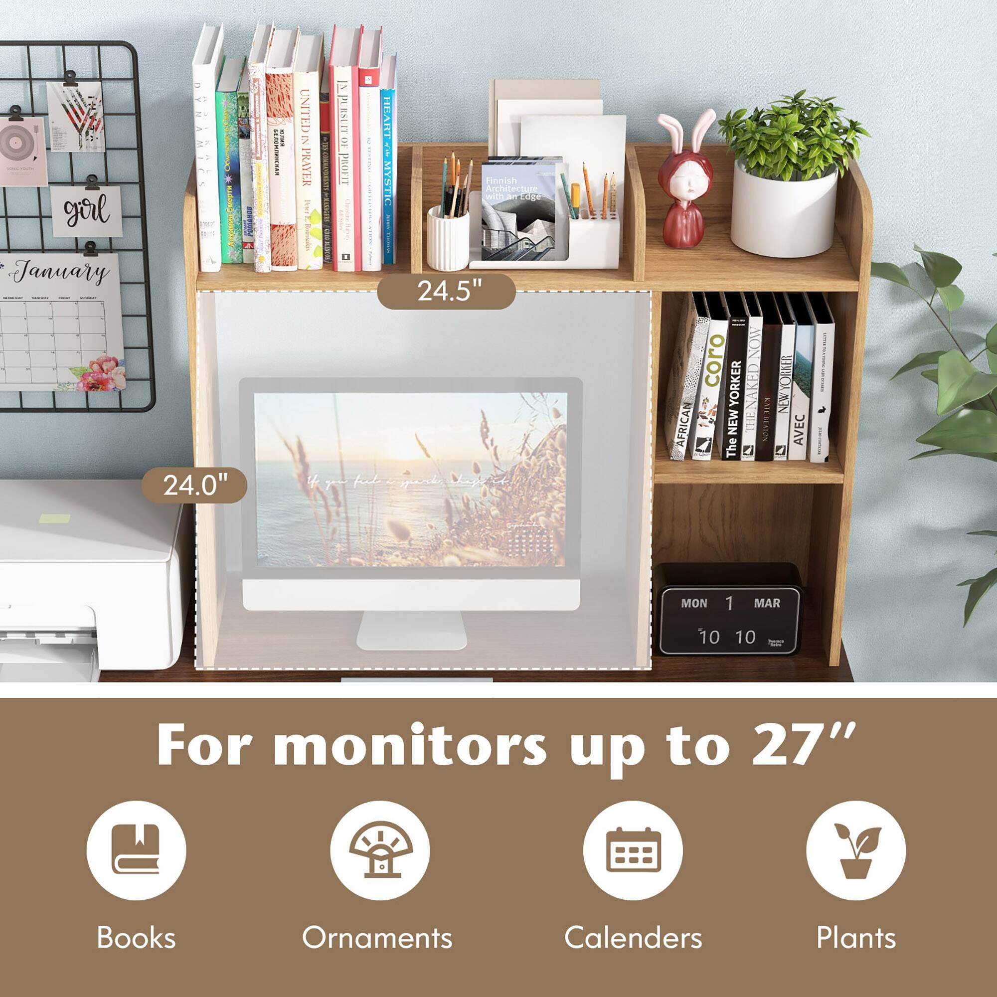 The text on the image can be grouped and corrected as follows:
For monitors up to 27"
Books
Ornaments
Calenders
Plants
This text describes the items displayed on the shelf, which include books, ornaments, calenders, and plants.