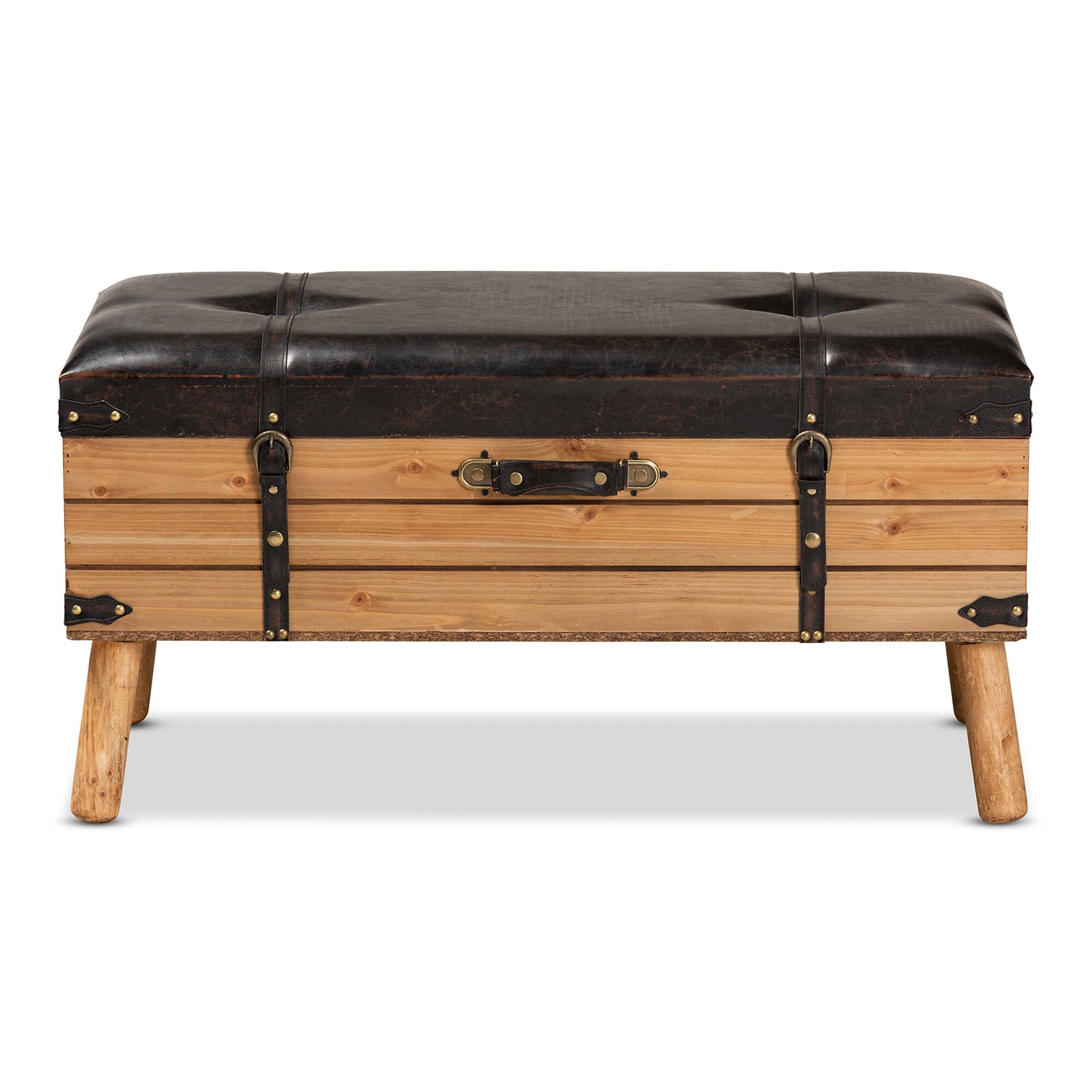 Left. Baxton Studio - Amena Rustic Transitional PU Leather Upholstered and Oak Finished Wood Large Storage Ottoman - Brown/Oak.