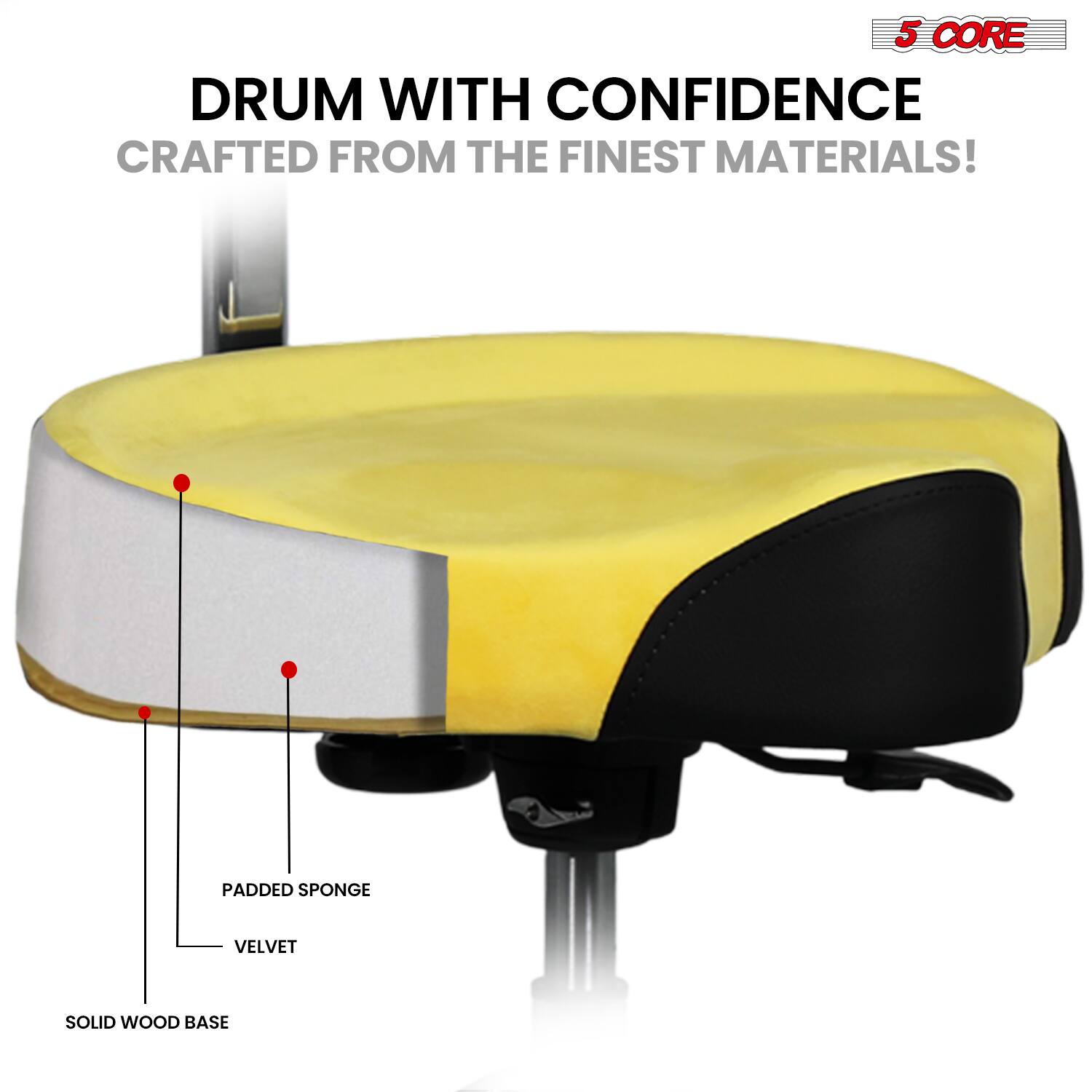 5 CORE  
DRUM WITH CONFIDENCE  
CRAFTED FROM THE FINEST MATERIALS!  

- SOLID WOOD BASE  
- PADDED SPONGE  
- VELVET