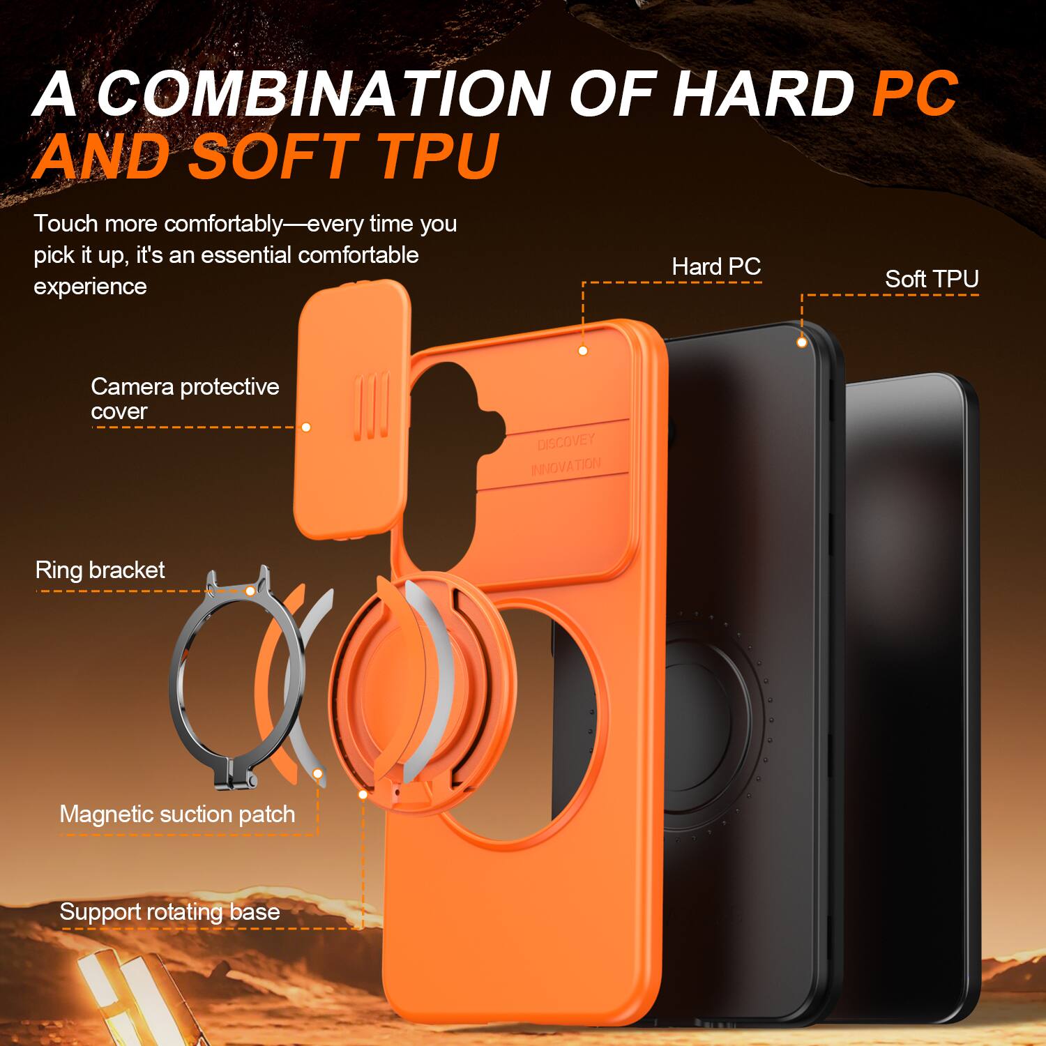 A COMBINATION OF HARD PC AND SOFT TPU

Touch more comfortably—every time you pick it up, it's an essential comfortable experience

Camera protective cover

Ring bracket

Magnetic suction patch

Support rotating base
