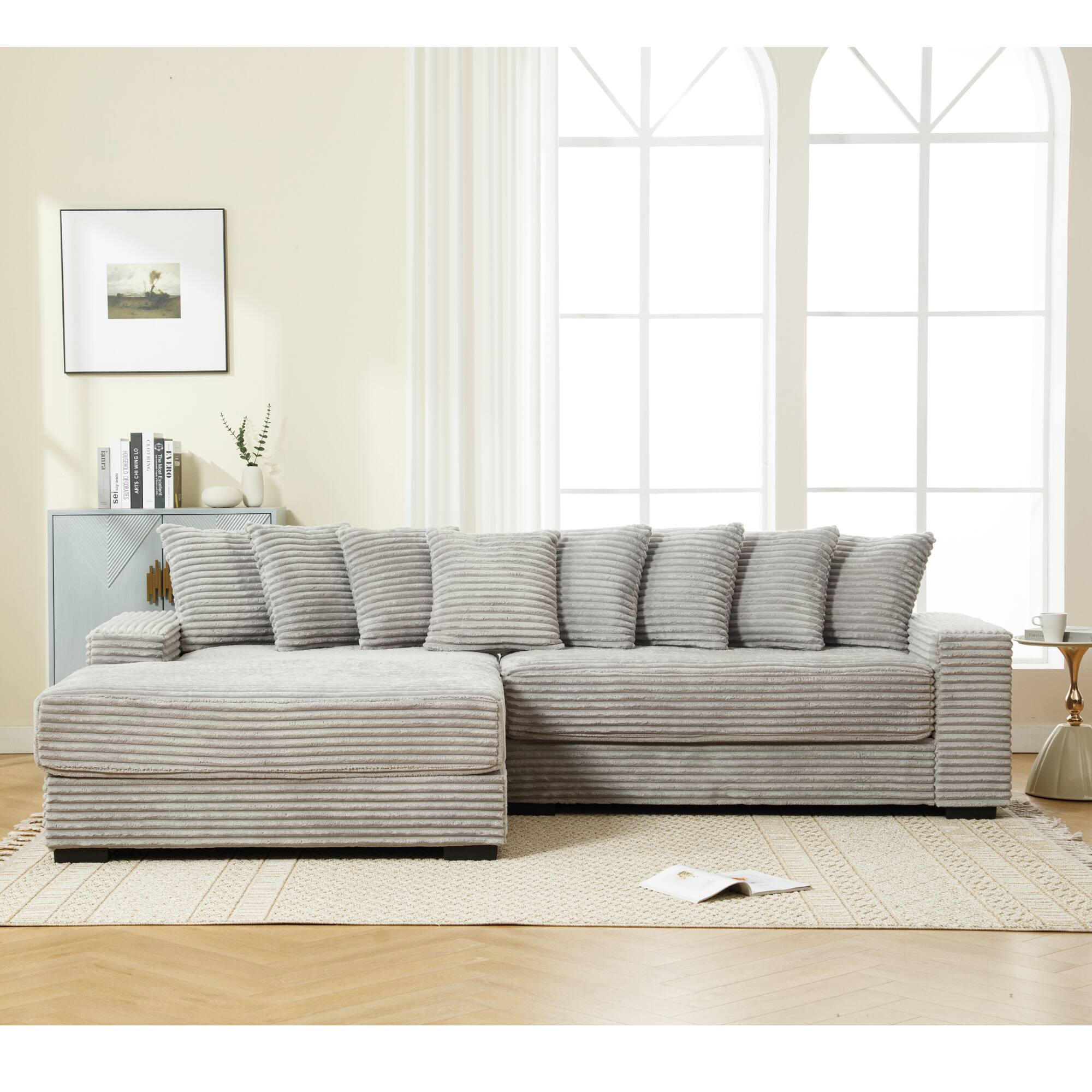 Left. Tiramisubest - Oversized Two-Piece Couches,L Shaped Sofa,Corduroy,Left Chaise Daybed with Armrests,Eight Throw Pillows,Gray - Gray.