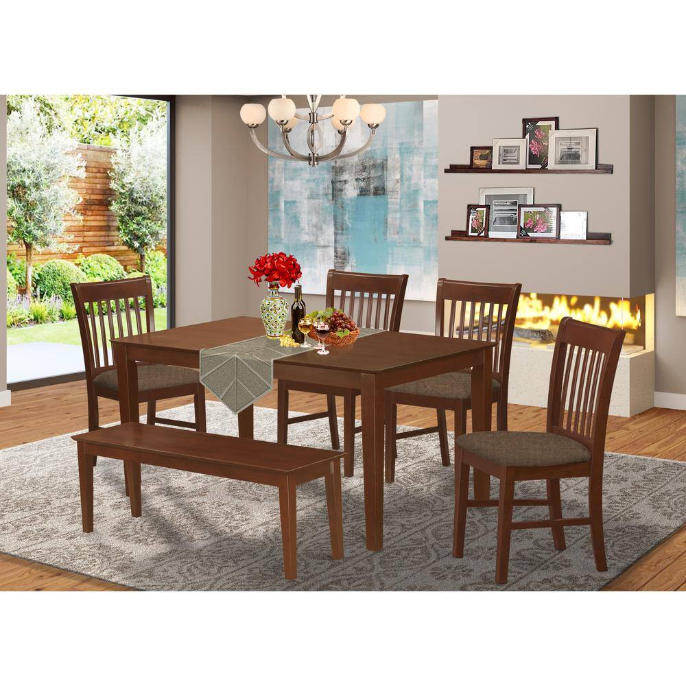 Left. East West Furniture - CANO6C-MAH-C 6-Pc Dining Table with bench set- Table and 4 Dining Chairs and Bench - Mahogany.