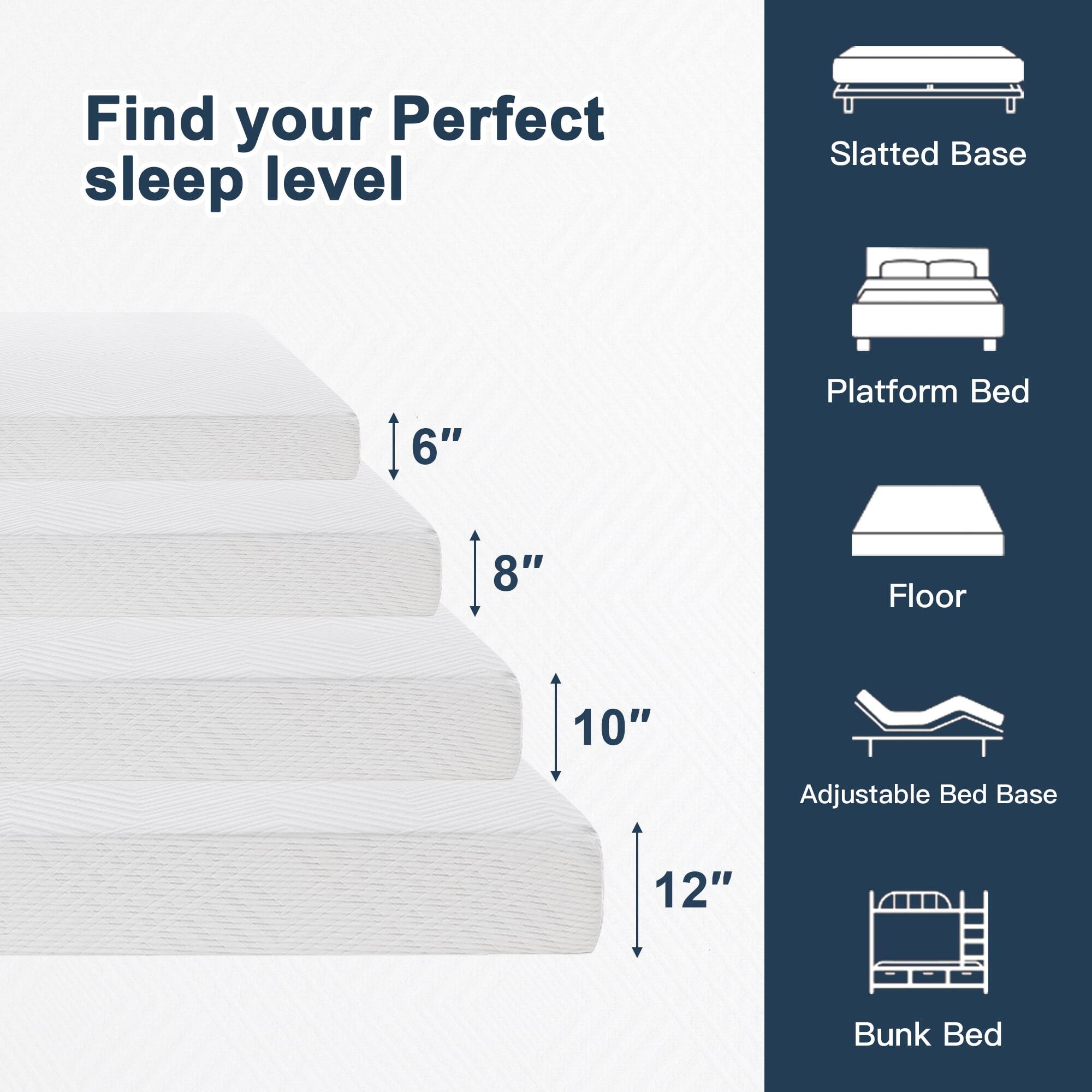 Find your Perfect sleep level

Slatted Base 6"
Platform Bed 8"
Floor 10"
Adjustable Bed Base 12"
Bunk Bed