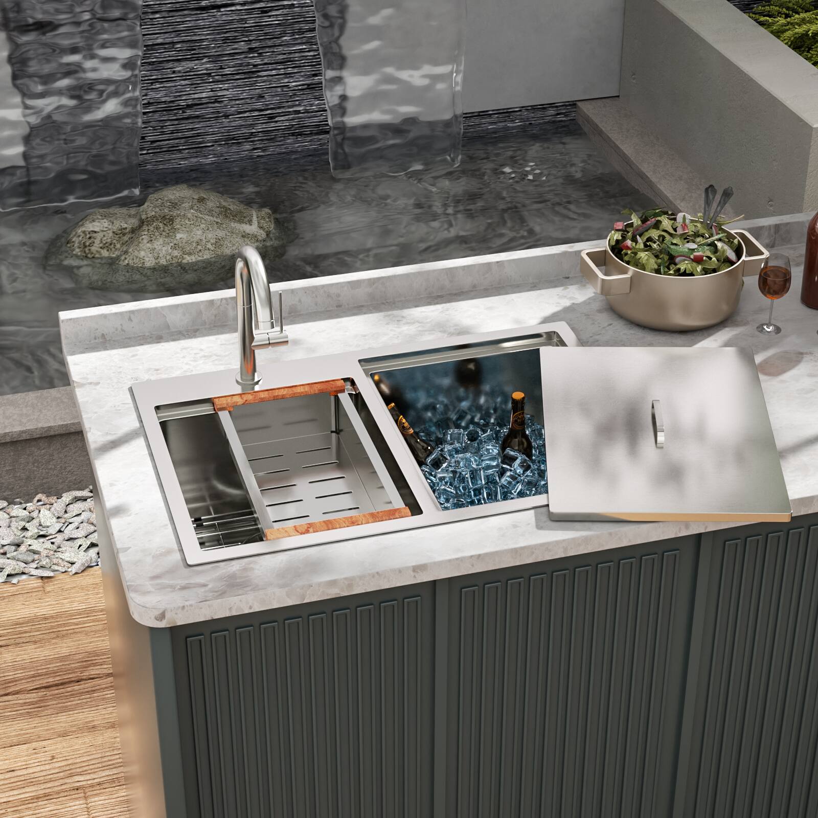 Left. Siljoy - Outdoor Double Bowl Drop-In Stainless Steel Sink with Workstation - Brushed Nickel.