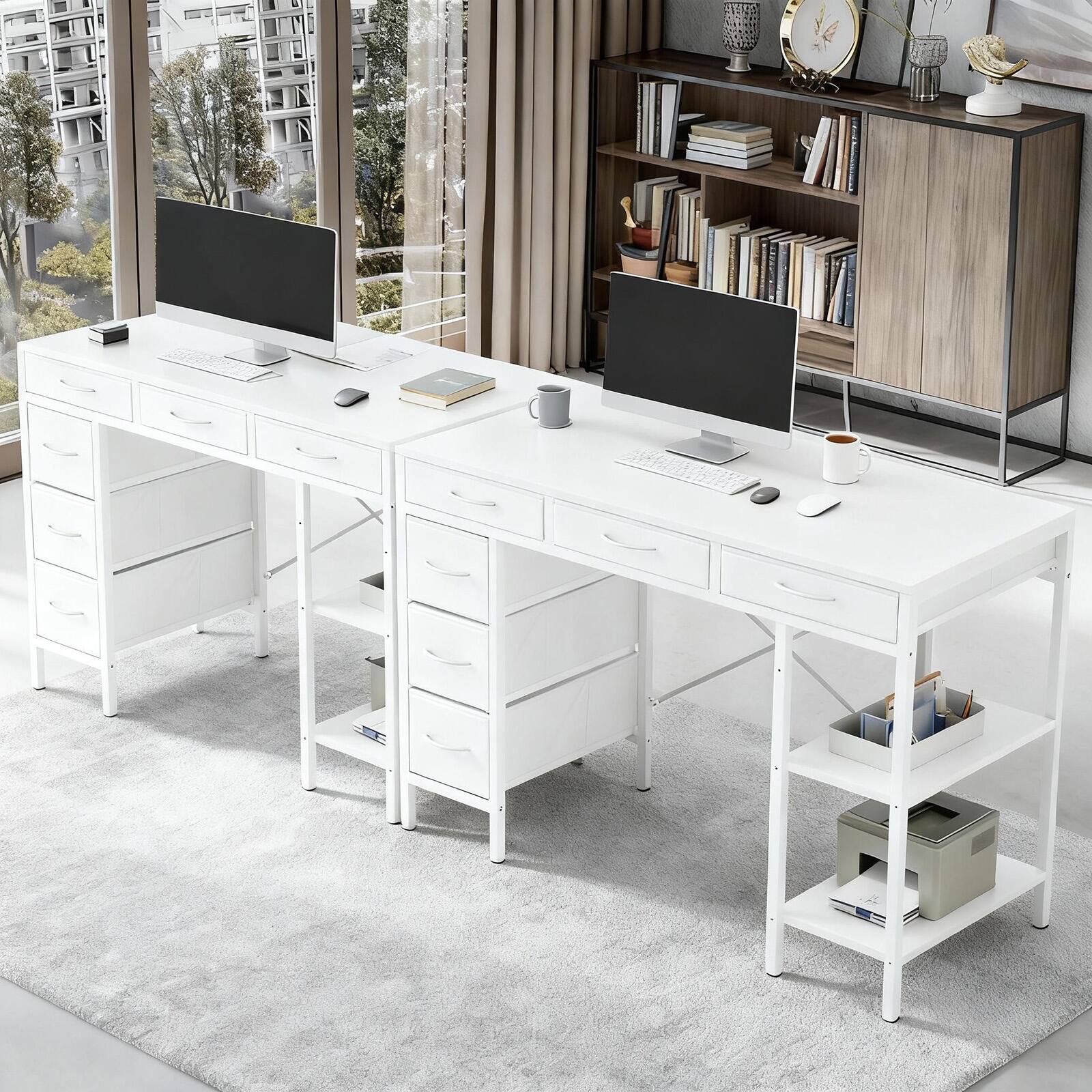 Alt View 2. Bestier - 55-inch Computer Desk with 6 Fabric Drawers, Adjustable Storage Shelf,Metal Desk for Home Office & Gaming - white.