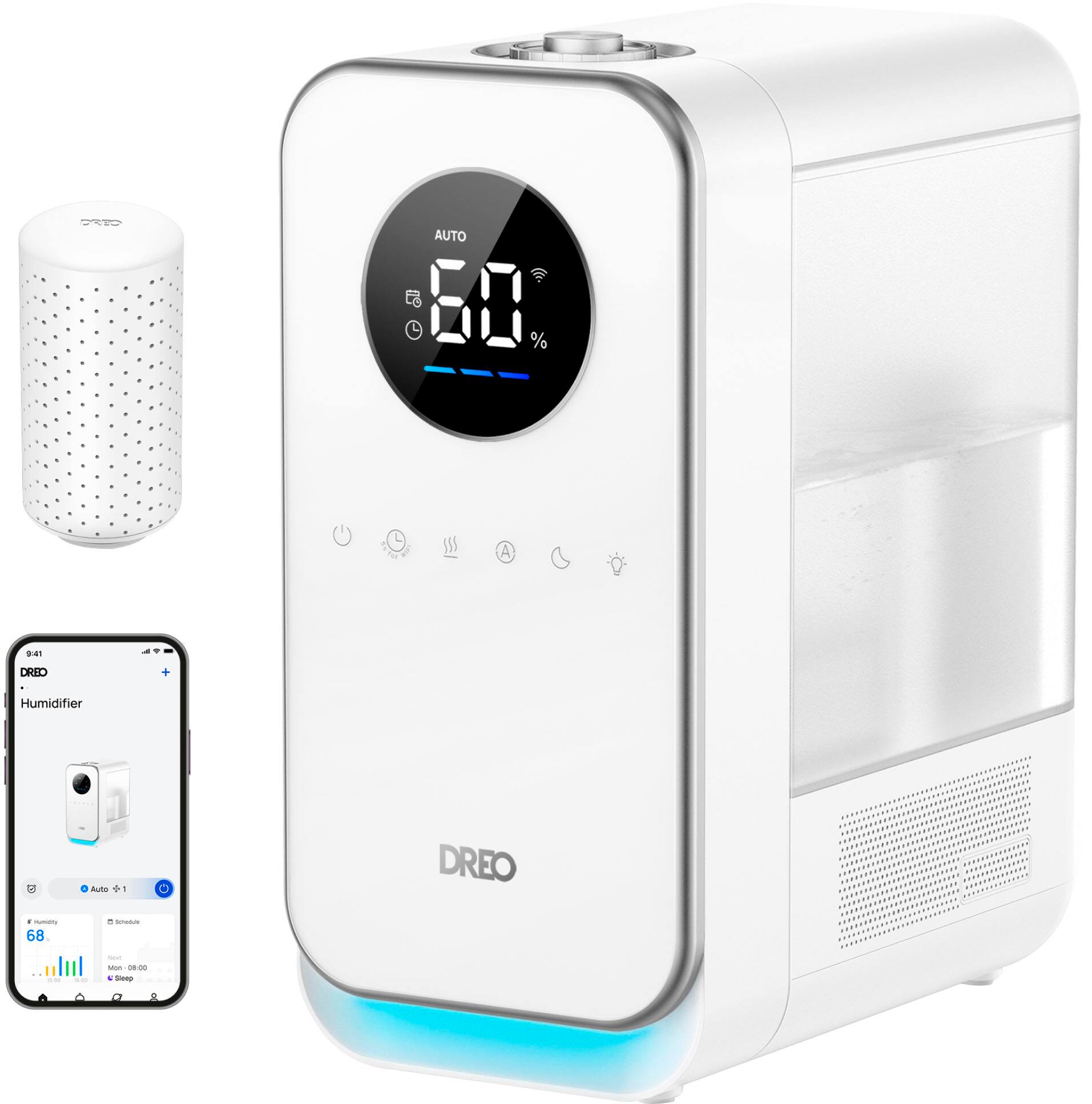 The image features a white DREO humidifier and air purifier, which has a digital display showing 60%. The humidifier is accompanied by a small white device, possibly a smartphone or a remote control, and a white box. The humidifier is designed to improve indoor air quality and maintain a comfortable humidity level.