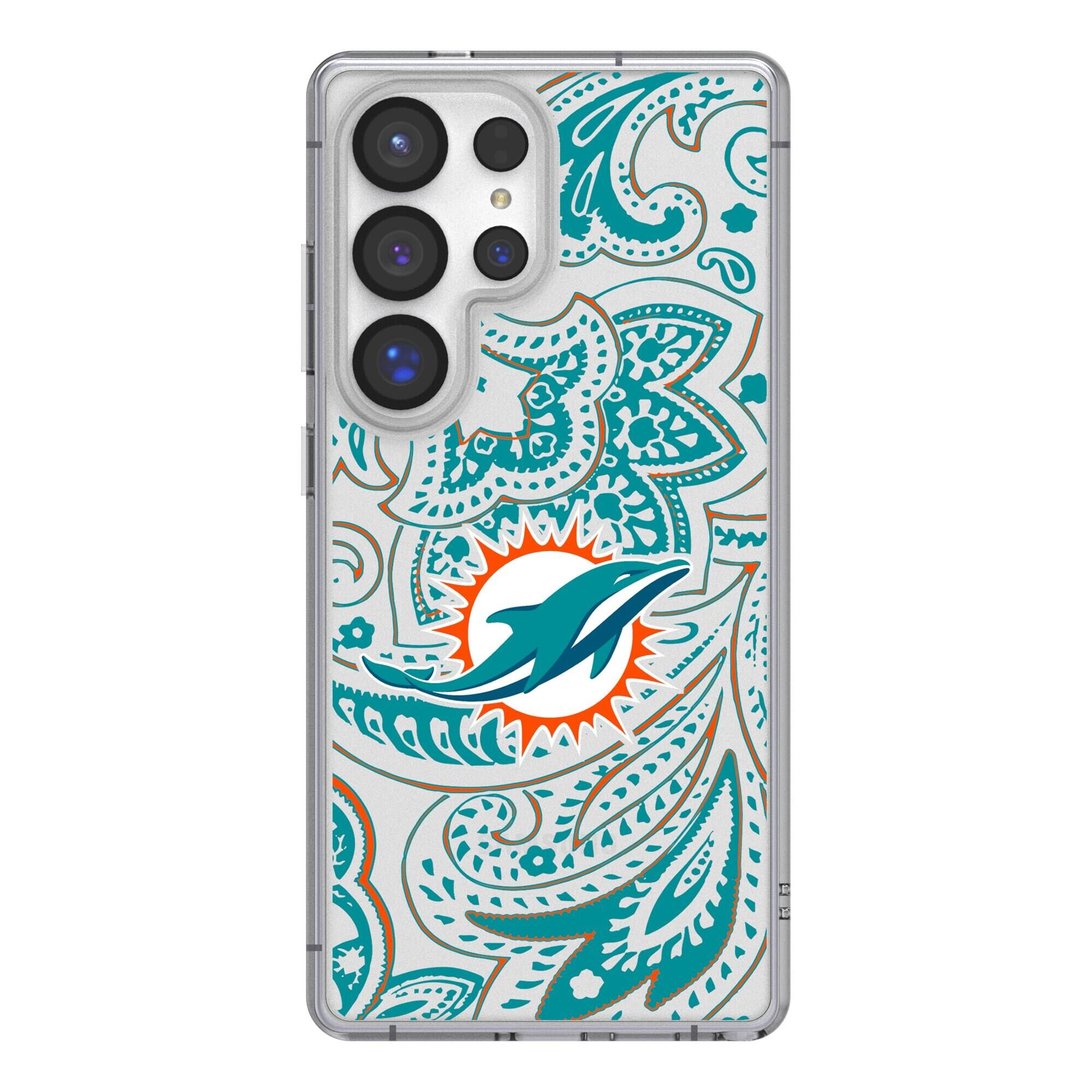 Front. Keyscaper - Miami Dolphins Galaxy Clear Paisley Design Case - S22 Plus - Multicolor.