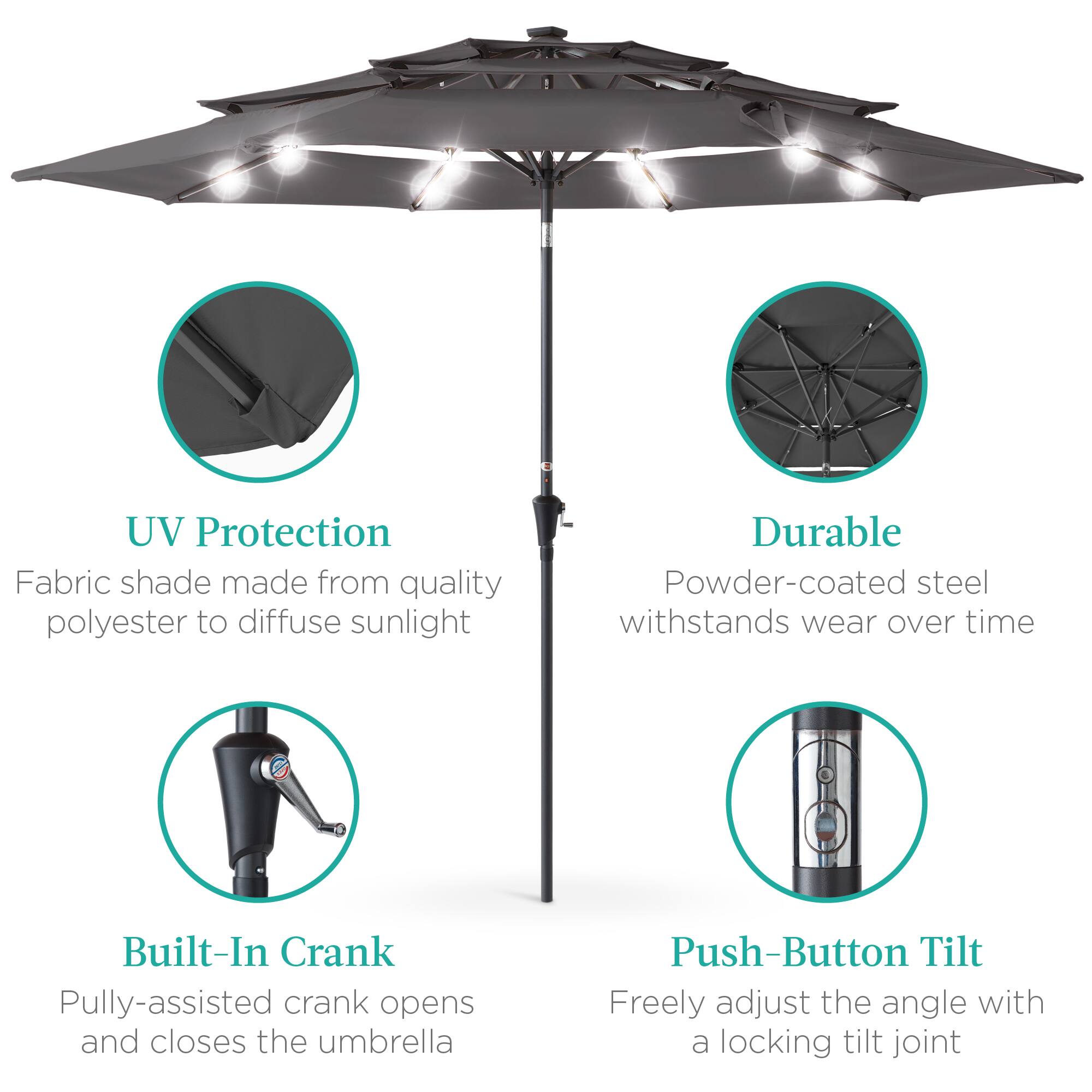 - UV Protection  
  Fabric shade made from quality polyester to diffuse sunlight

- Durable  
  Powder-coated steel withstands wear over time

- Built-In Crank  
  Pulley-assisted crank opens and closes the umbrella

- Push-Button Tilt  
  Freely adjust the angle with a locking tilt joint