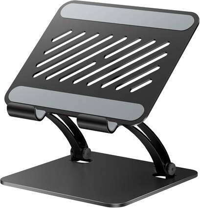 Front. FINEAK - Dual Rod Aluminum Tablet Stand, Adjustable 4.7-16.9" Desktop Holder for iPad, Surface & Monitor - Black - Black.