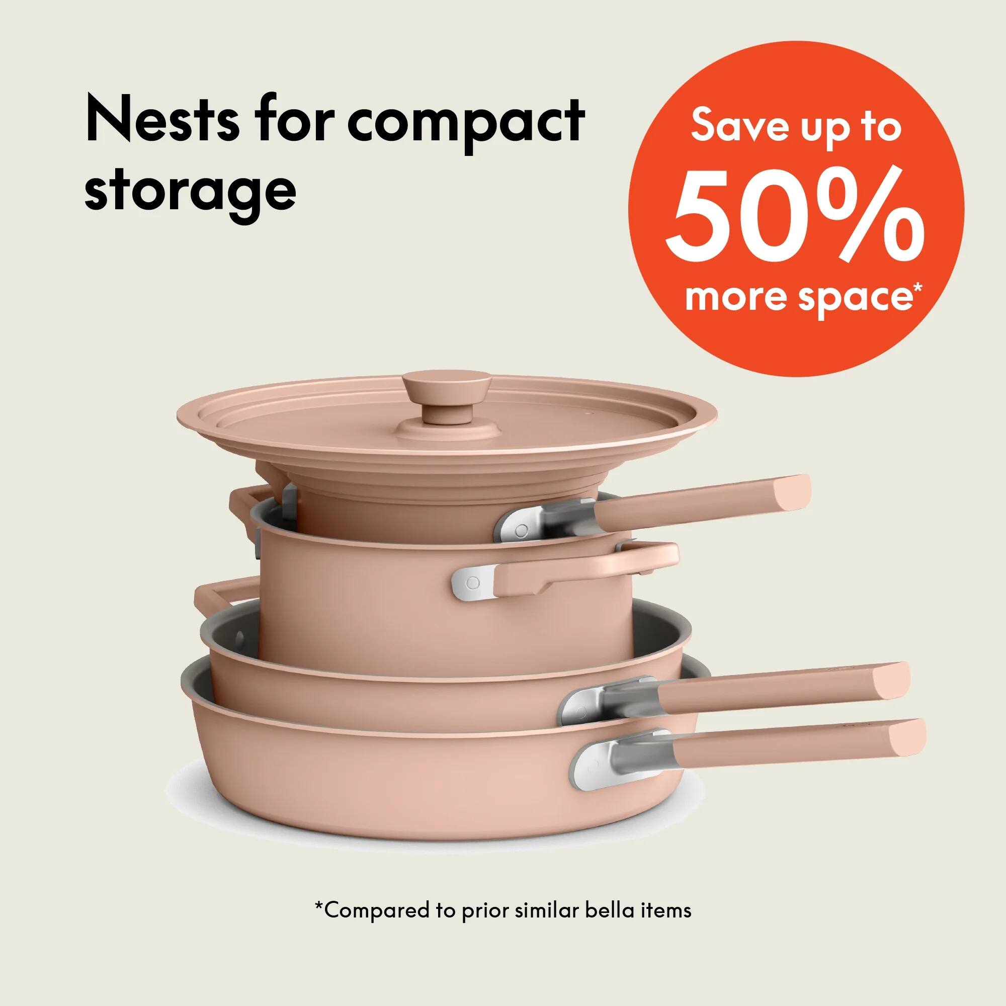 Nests for compact storage
Save up to 50% more space*
*Compared to prior similar bella items