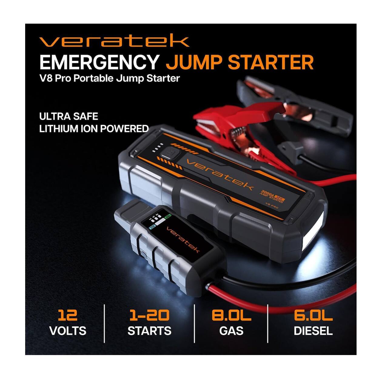 veratek EMERGENCY JUMP STARTER V8 Pro Portable Jump Starter ULTRA SAFE LITHIUM ION POWERED 200A STANTER STCE wa 2R0 varatek 12 VOLTS 1-20 STARTS 8.0L GAS 6.0L DIESEL
