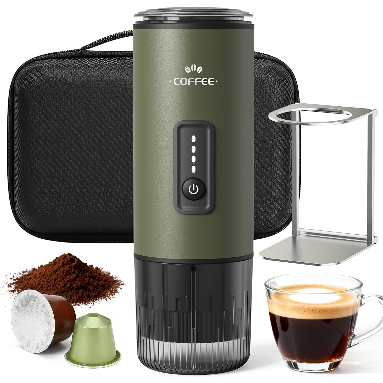 Gvode - Rechargeable Electric Portable Espresso Machine 20 Bar, Fits Pods & Ground, Car/ Offfice/ Home - Green