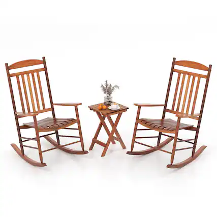 Front. Gymax - Gymax 3PCS Patio Poplar Wood Rocking Bistro Set Outdoor Furniture Set for Garden - Natural.
