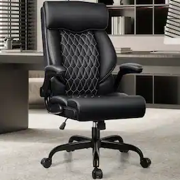 Brick Attic - High-Back Executive Office Chair , Ergonomic Leather Chair with Adjustable Lumbar Support and Flip-Up Armrests - Black
