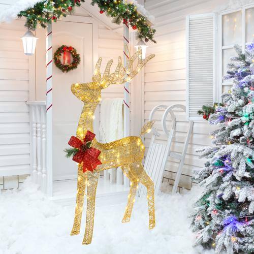 Alt View 5. Winado - Christmas 4 FT Lighted Santa's Sleigh Reindeer for Indoor / Outdoor Holiday Decoration - Golden.