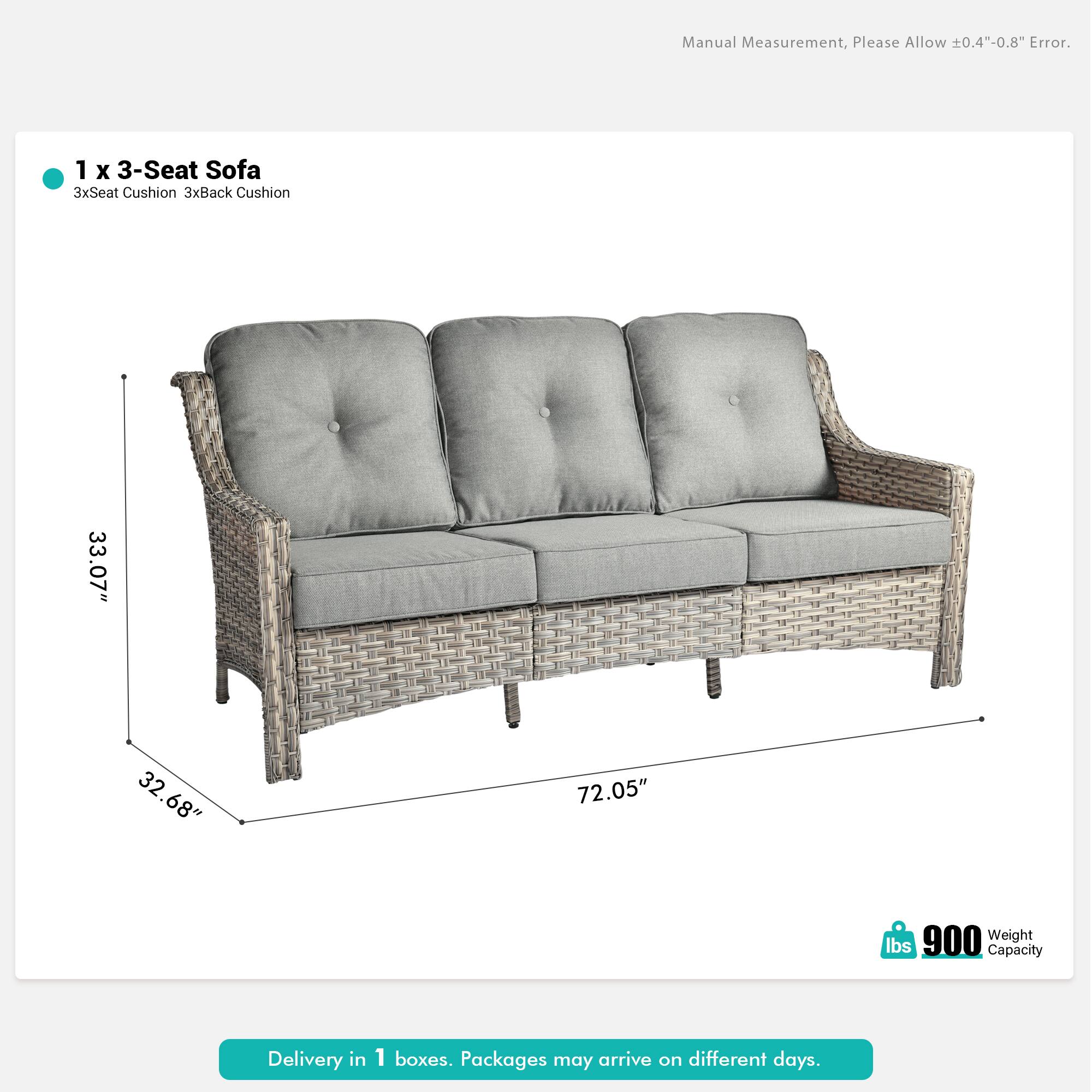 Manual Measurement, Please Allow ±0.4"-0.8" Error.

1 x 3-Seat Sofa  
3xSeat Cushion 3xBack Cushion  
33.07" x 32.68" x 72.05"  
900 lbs Weight Capacity  

Delivery in 1 boxes. Packages may arrive on different days.