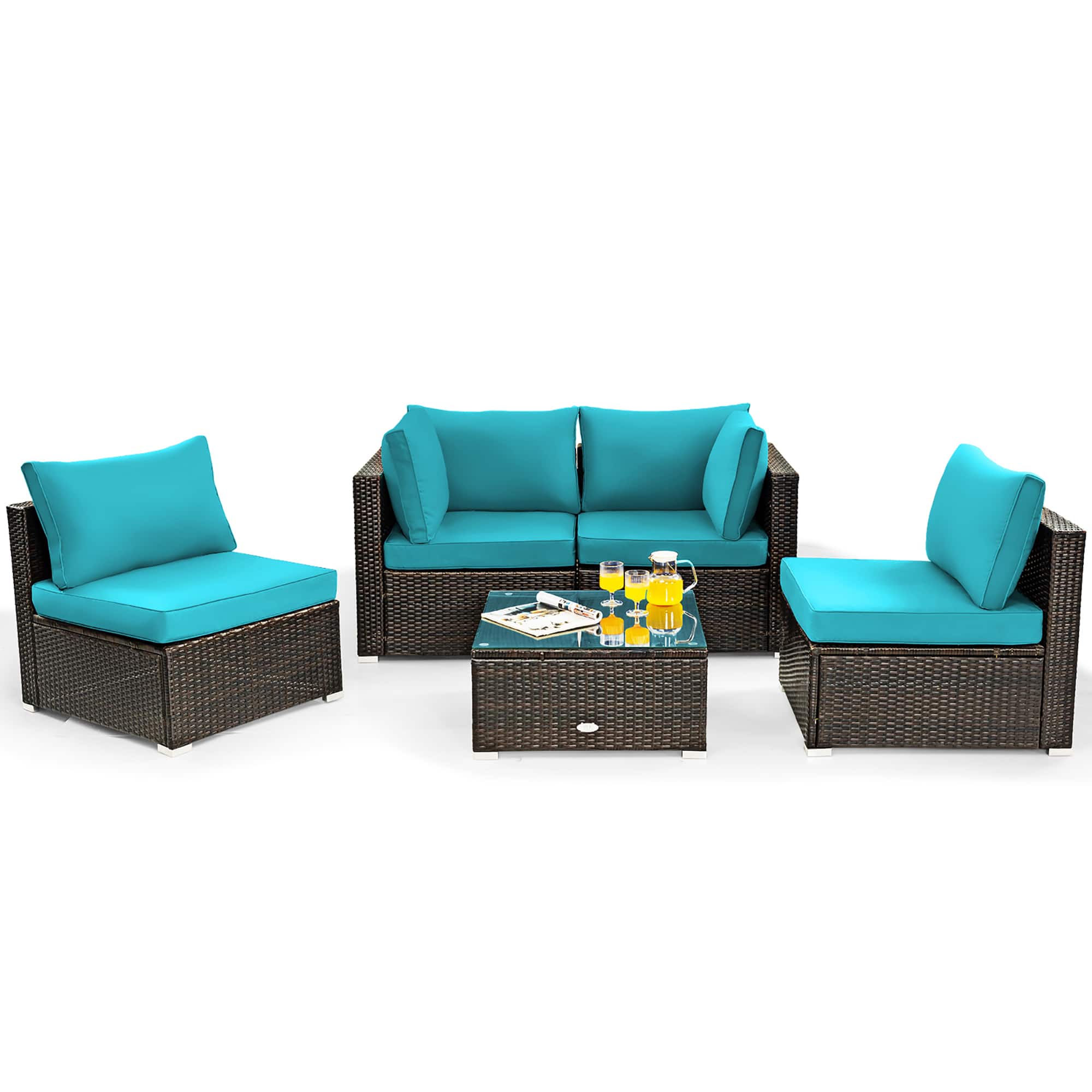Front. Costway - 5PCS Patio Rattan Furniture Set Cushioned Sofa Chair Tea Table - Turquoise.