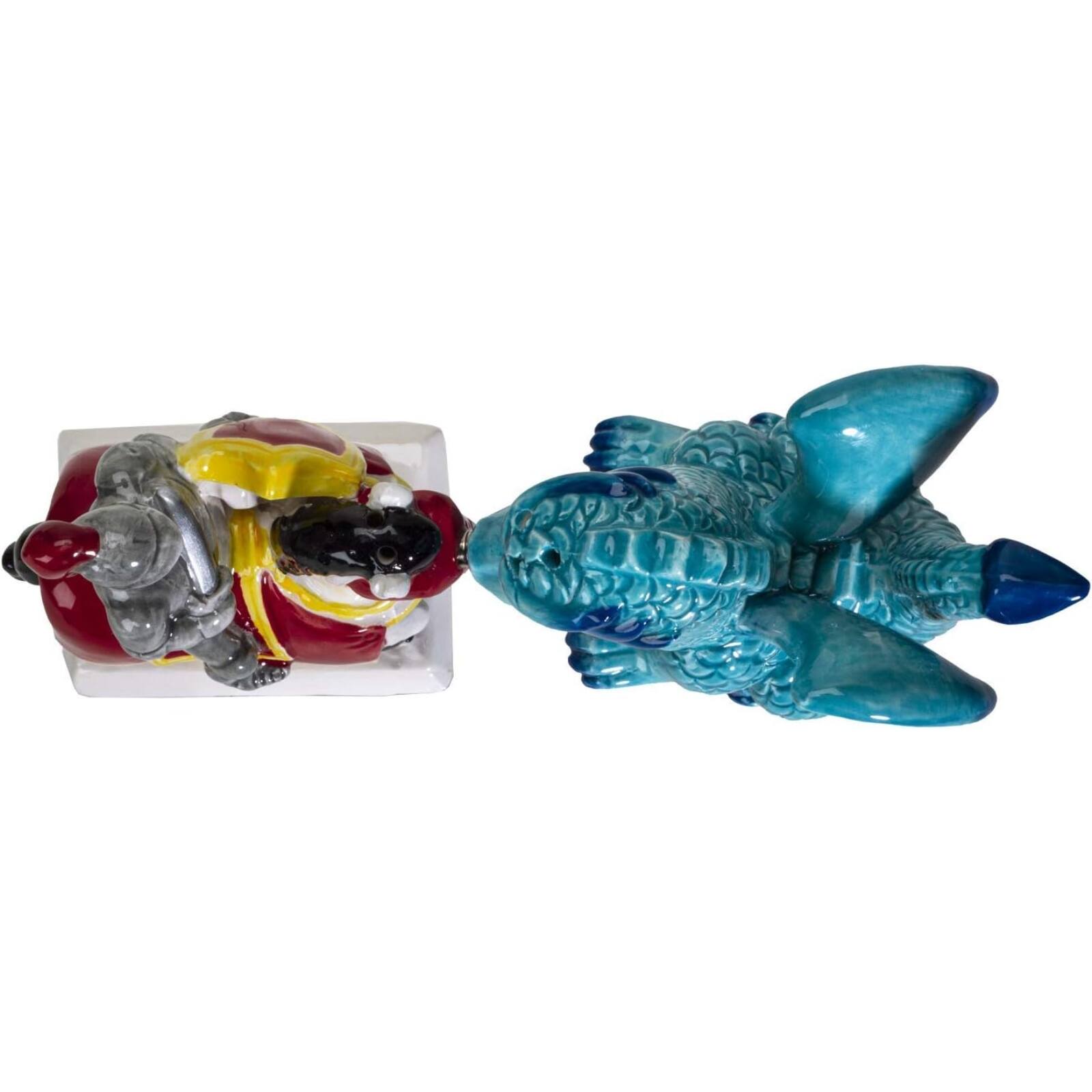 Back. Pacific Trading - Knight on Horse and Dragon Ceramic Salt and Pepper Shakers Set - Multicolor.