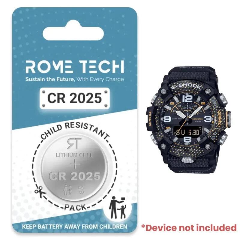 ROME TECH  
Sustain the Future, With Every Charge  

CR 2025  
CHILD RESISTANT  

LITHIUM CELL  
CR 2025  

SC V8 SENSOR  
G-SHOCK  

12 25 - BE 9  
LERASTEN 3  
CASN  

6.30  

KEEP BATTERY AWAY FROM CHILDREN  

*Device not included