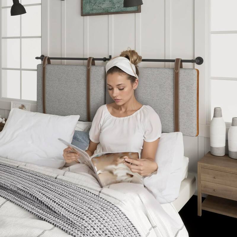 Angle. wowmax - Wall Mounted Headboard, Double Sided Upholstered Headboard with Adjustable Height & Faux Leather Straps - Queen - Orange+gray.