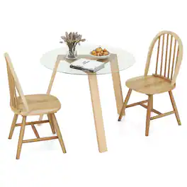 Costway - 3 PCS Dining Set for 2 Round Table with 2 Chairs Solid Rubber Wood Frame Modern - Beige