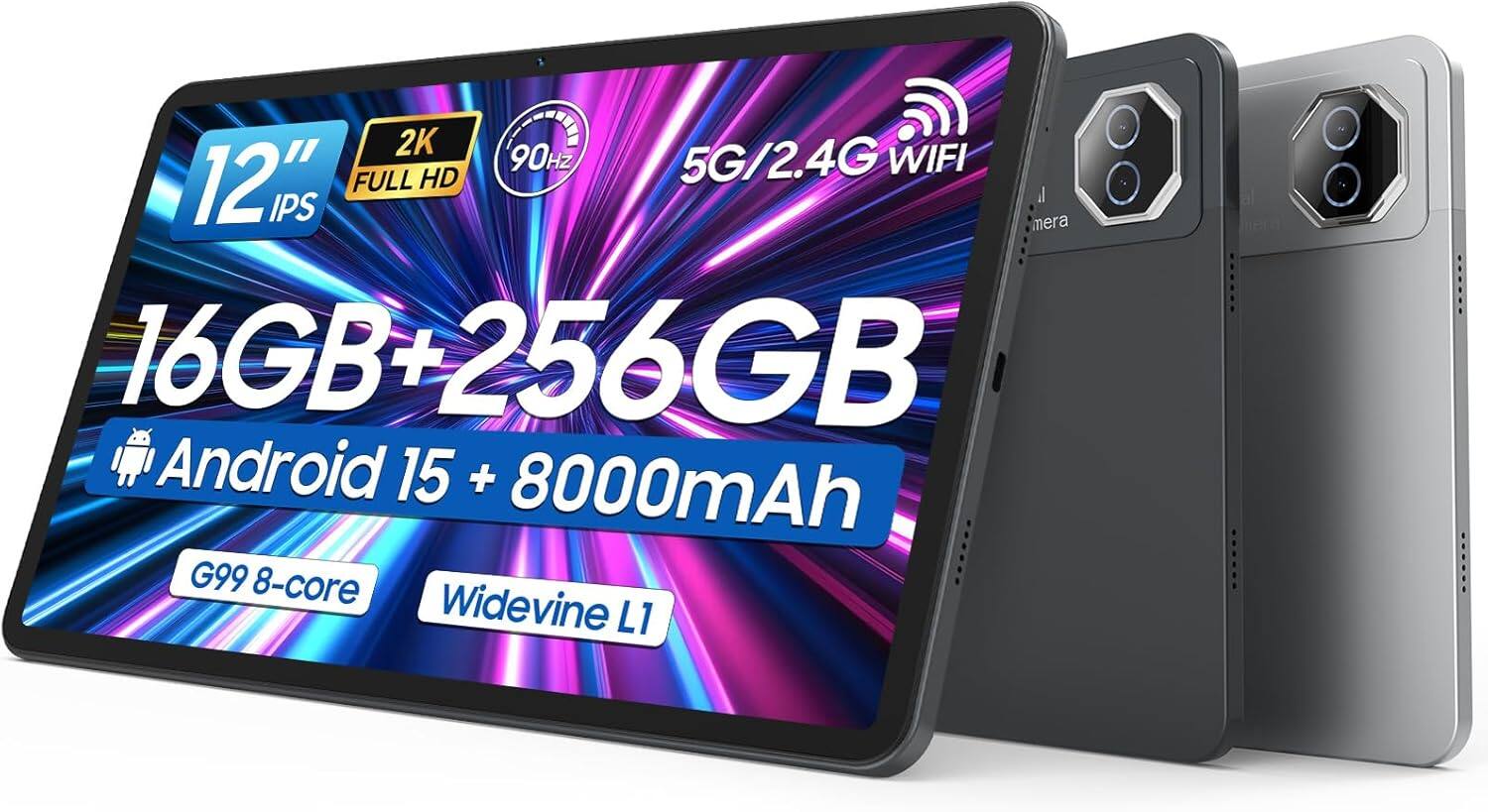 Sure, here is the corrected and grouped text:
- **Display:**
- 12" IPS
- 2K FULL HD
- 90Hz
- **Connectivity:**
- 5G/2.4G WIFI
- **Storage:**
- 16GB + 256GB
- **Battery:**
- 8000mAh
- **Operating System:**
- Android 15
- **Processor:**
- G99 8-core
- **Additional Features:**
- Widevine L1
- **Other:**
- 12PS (possibly a typo or abbreviation)