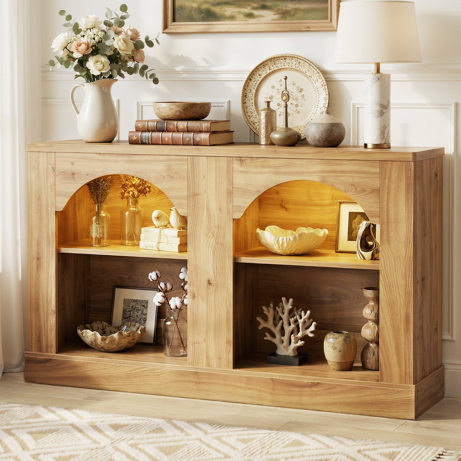 Angle. Aheaplus - 47" Arched Farmhouse LED Console Table - Adjustable Shelves, - Entryway/Hallway/Living Room Storage - Natural Oak.