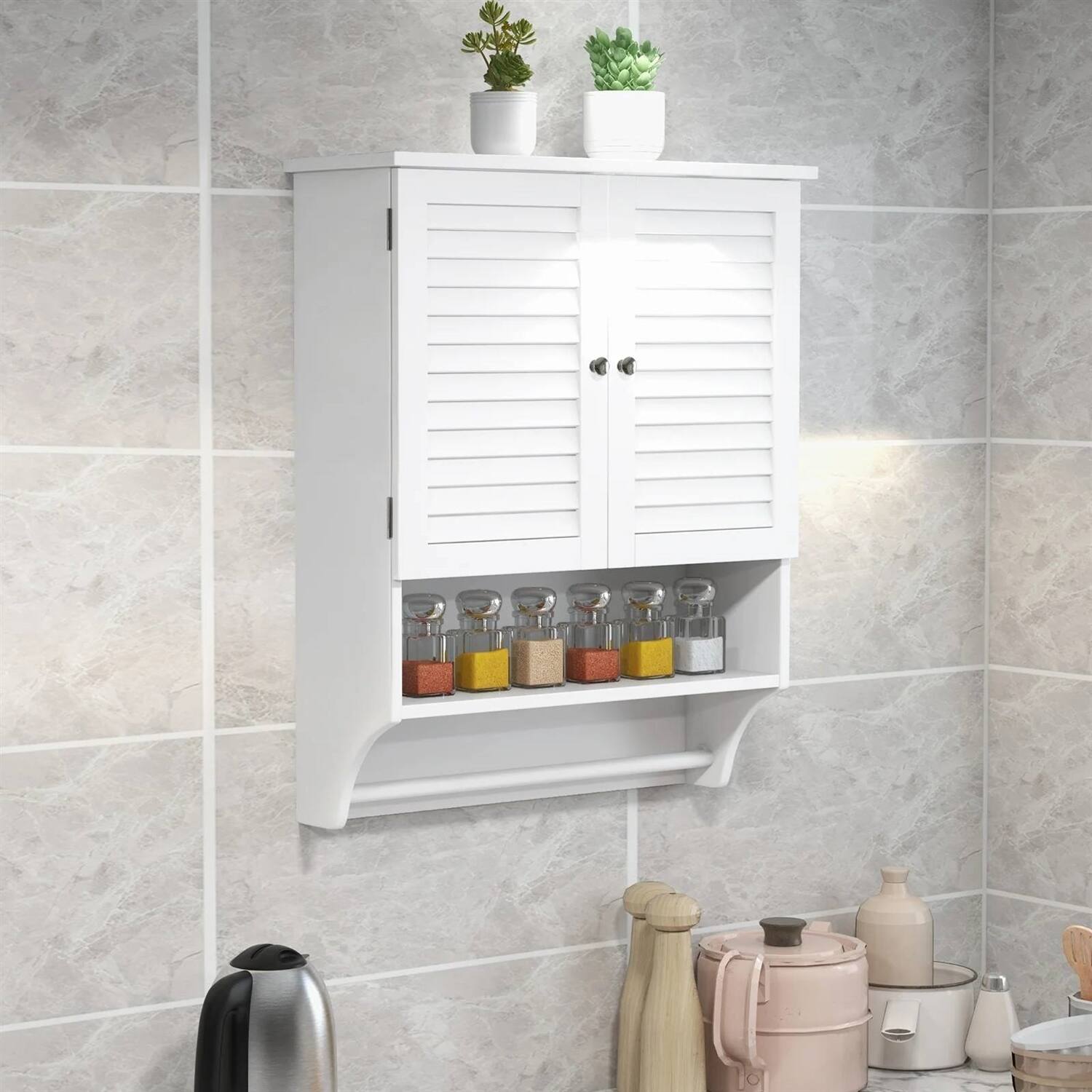 Left. Hivvago - White Wall-Mounted Bathroom Storage Medicine Cabinet with Louver Doors - White.