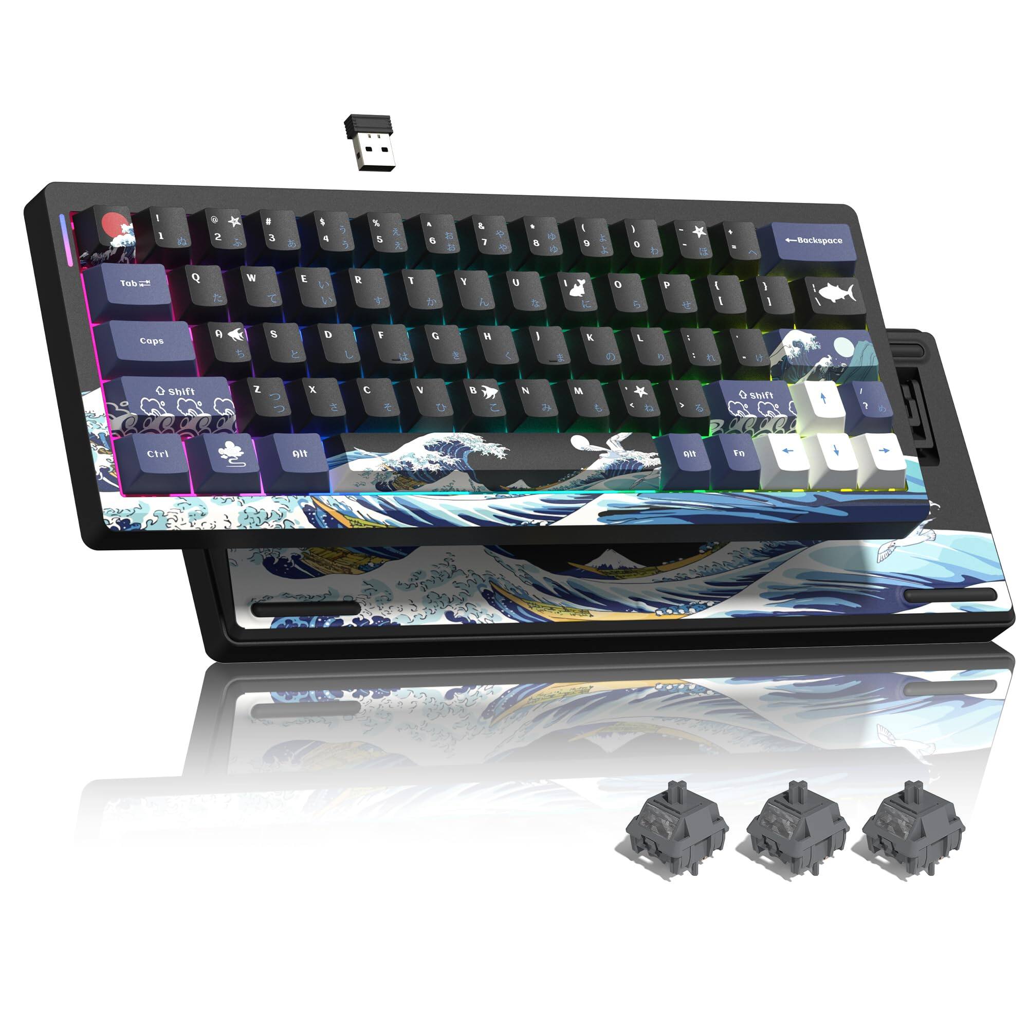 Cozy Serene - Wireless Gaming 60 Percent With Qmk/via Topographic Creamy Mechanical Key Board Rgb Custom Gasket Hot Swappable For - Black Kanagawa