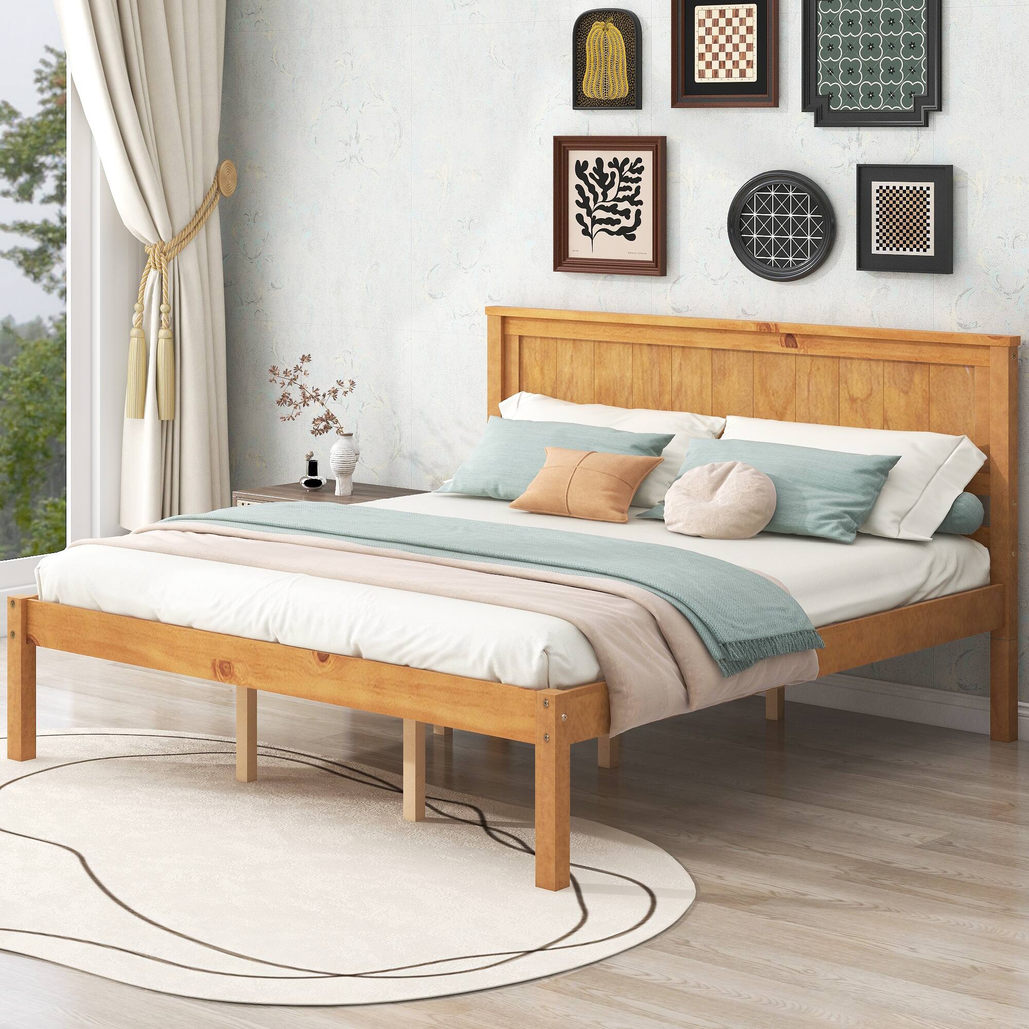 Alt View 4. Whisen - Platform Bed Frame with Headboard, Wood Slat Support, No Box Spring Needed - Oak.