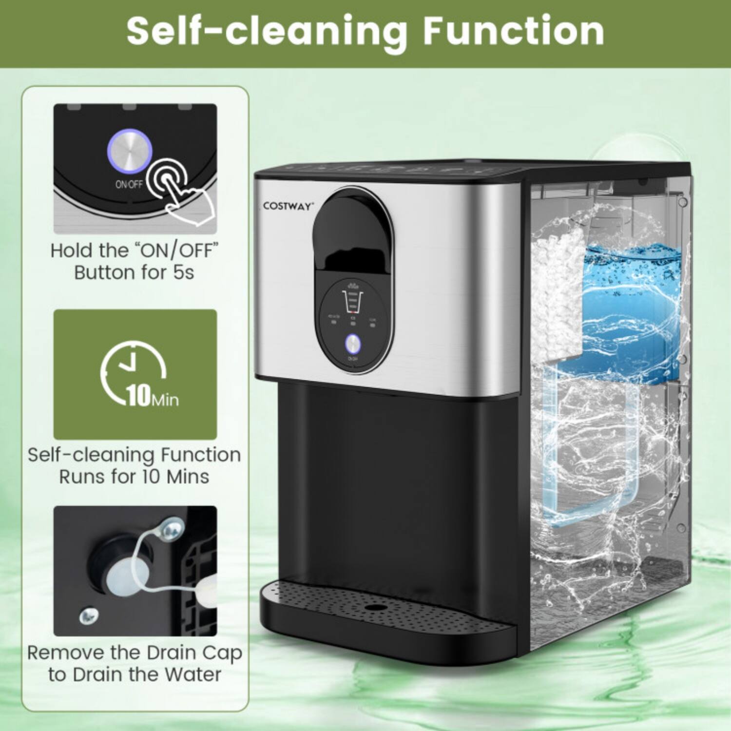 Self-cleaning Function

Hold the "ON/OFF" Button for 5s

Self-cleaning Function Runs for 10 Mins

Remove the Drain Cap to Drain the Water
