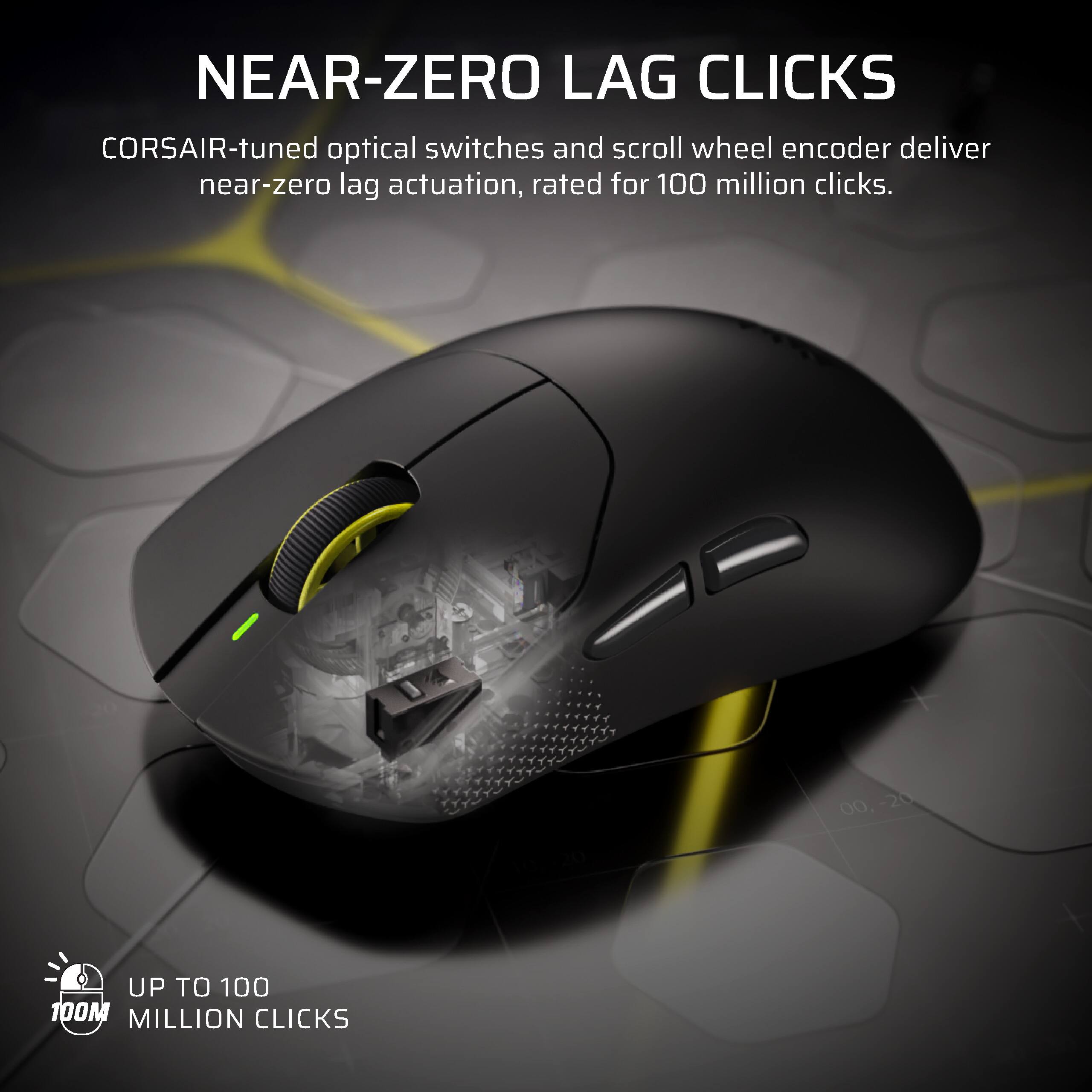 NEAR-ZERO LAG CLICKS  
CORSAIR-tuned optical switches and scroll wheel encoder deliver near-zero lag actuation, rated for 100 million clicks.  

UP TO 100 MILLION CLICKS