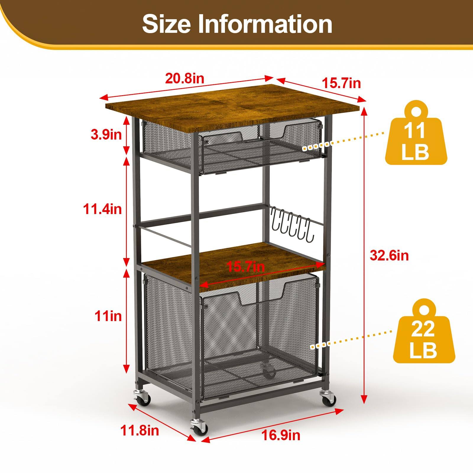 Size Information

- Width: 20.8in
- Depth: 15.7in
- Height: 32.6in
- Shelf 1 Height: 11.4in
- Shelf 2 Height: 11in
- Shelf 3 Height: 11.8in
- Shelf 1 Load Capacity: 11 LB
- Shelf 2 Load Capacity: 22 LB
- Shelf 3 Load Capacity: 11.8in
- Shelf 4 Load Capacity: 16.9in